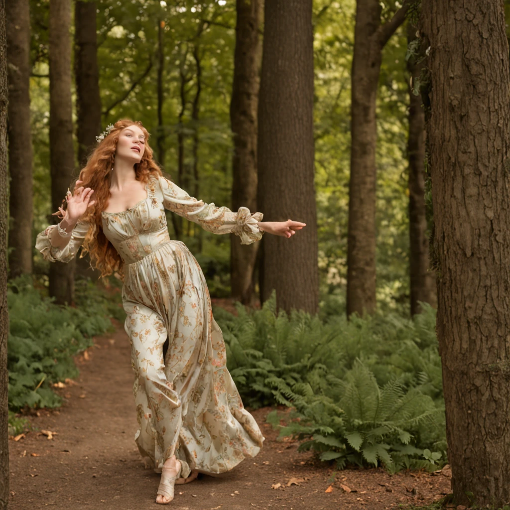 Painting of a woman dancing in the forest, Sandro Botticelli style, Botticelli style, Botticelli, By Botticelli's Style Blend, Boticelli, Inspired by Sandro Botticelli, by Sandro Botticelli, Renaissance painting」, Renaissance art, In the style of Sandro Botticelli, In a style that combines Botticelli、medieval times