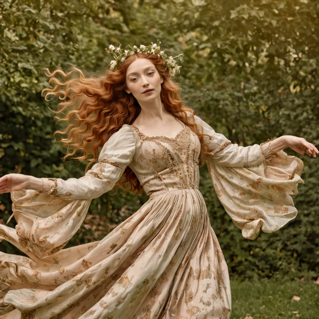 Painting of a woman dancing in the forest, Sandro Botticelli style, Botticelli style, Botticelli, By Botticelli's Style Blend, Boticelli, Inspired by Sandro Botticelli, by Sandro Botticelli, Renaissance painting」, Renaissance art, In the style of Sandro Botticelli, In a style that combines Botticelli、medieval times