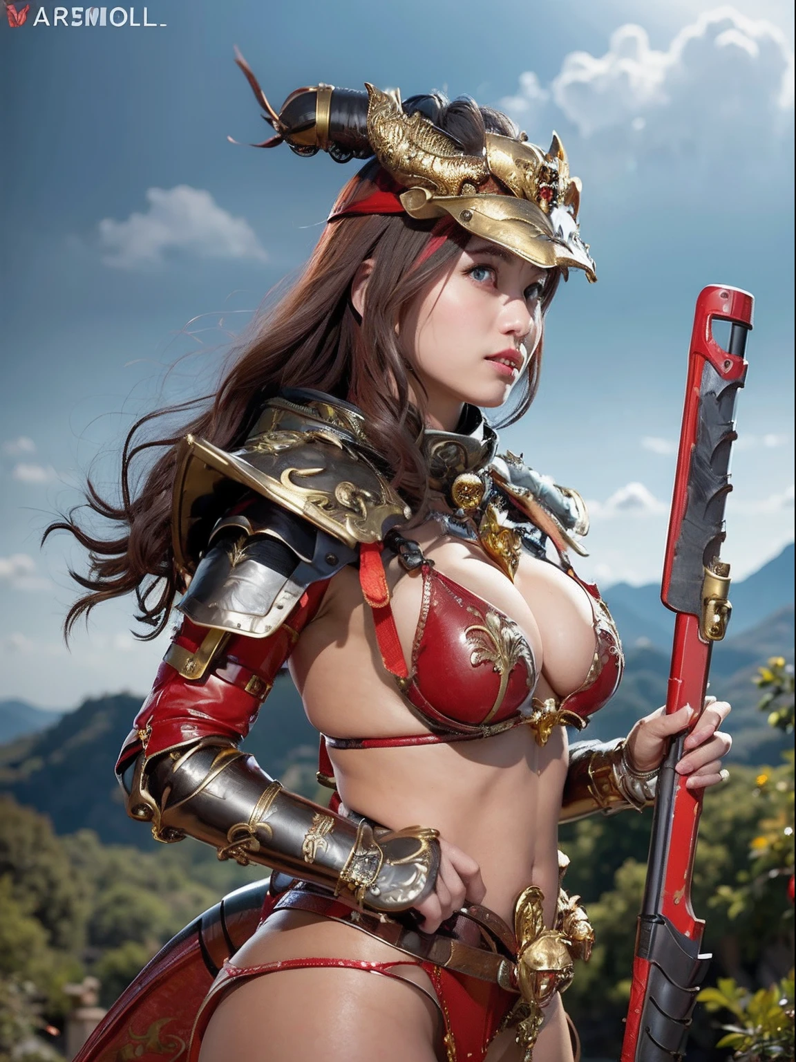 Professional , masterpiece、top-quality、photos realistic , depth of fields 、(Dragon Red Metal Body:1.9),(Matte Red、( of the breast)、 Gold Weapon、(Red Micro Bikini Armor:1.4),Gorgeous gold weapons ,(( Dragon's dense and gorgeous sword)) , (demonic wings)、((a blond))、(Castle background)、((Gangle's forest background))、Beautiful Caucasian beauty、1a person、dynamic ungle,(((Detailed and ornate dragon helmet)))、Smaller head、A smile、Castle background、Thin and beautiful female hands、cleavage of th、Soldier in ironn background、Mystical expression、Light Effects、intense fighting、Wind-effect、magic circles、With the legendary magic wand、Dragon's tail、explosions、