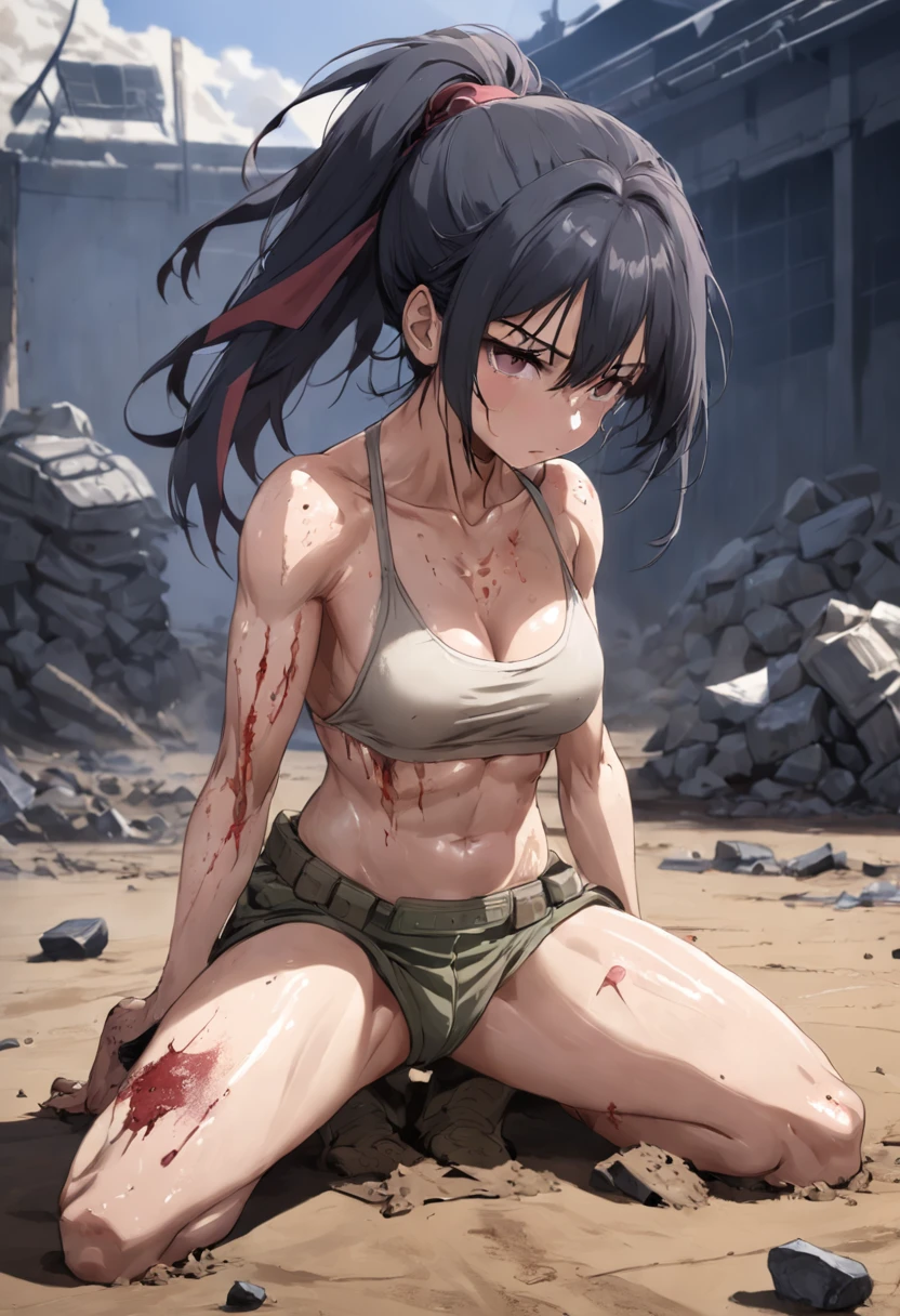 masterpiece, best_quality, 1girl, solo, beautiful military kneeling on her back on the battlefield tired, dirty, very dirty body, dirty with dust,with torn clothes, clothes in pieces, scraps of clothing, sweat, excessive sweat, sweaty body, drops of sweat by the body, hairy, hair appearing, hair showing, barefoot, sweaty feet, dirty soles, sweaty soles, pov feet, black hair, back