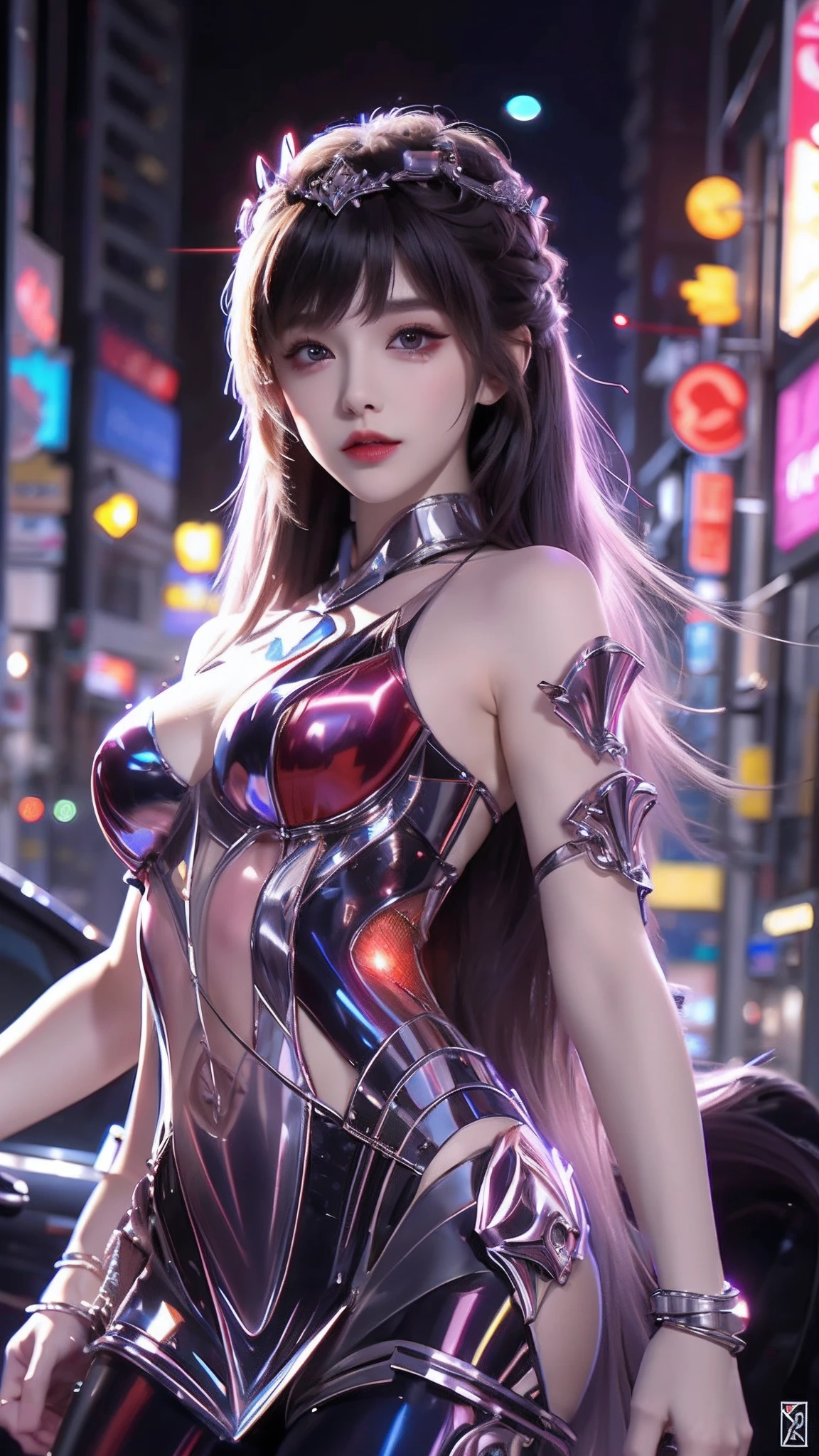 4k ultra hd, masterpiece, high details, a girl, cute face, detailed eyes, long hair, detailed lips, medium breasts, lights on dress, Cyberpunk dress, neon lights connected on dress, neon breasts, bare waist, electric current effect, electric wire connected on body and burning lights, glowing effect, direct-x 2.0 visual effect, high graphic night lights, spreading light, red light reflection, light reflection on road, everywhere spreading red lights, neon lights, aura around on body, whole body capture,