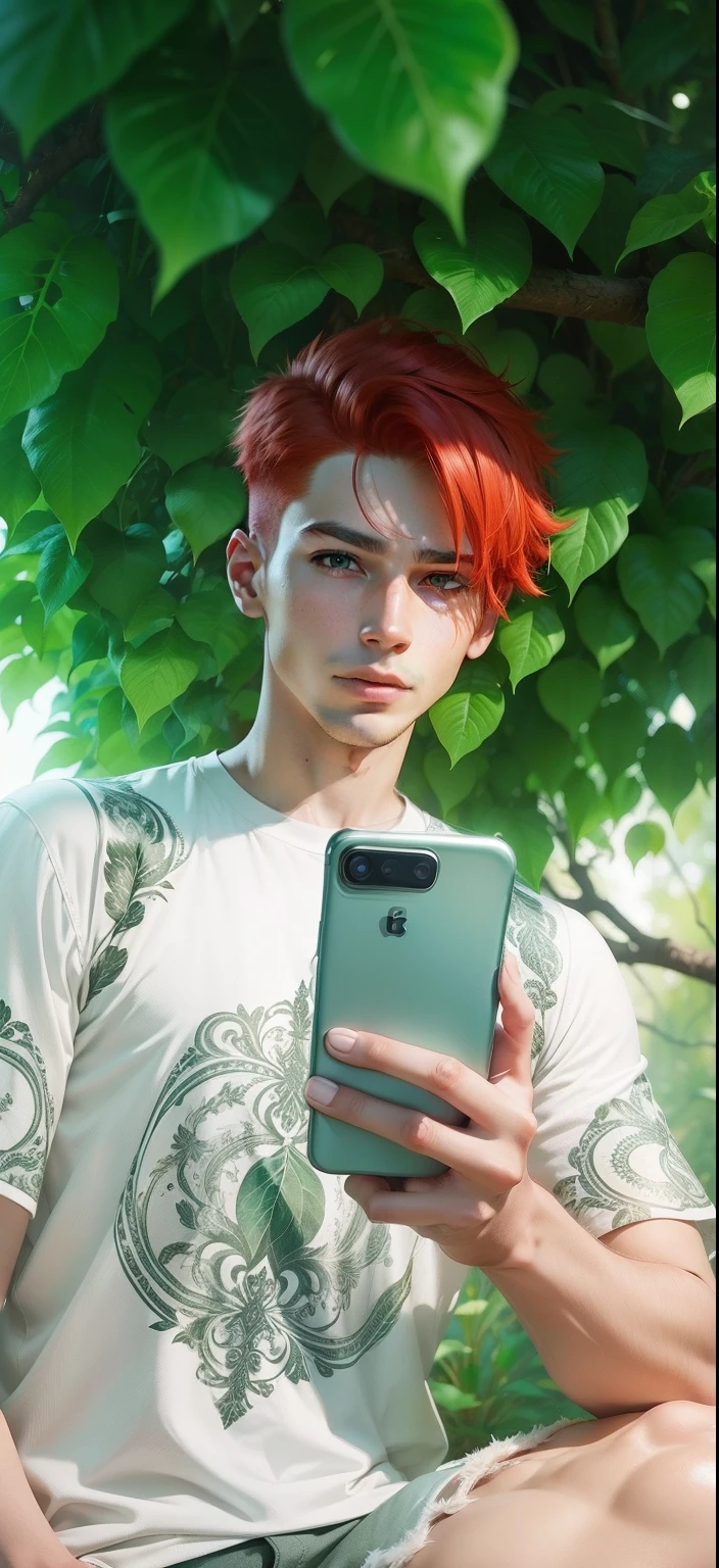 Boy with Phone futuristic leaf background realistic face, Red Hair ultra high quality HD