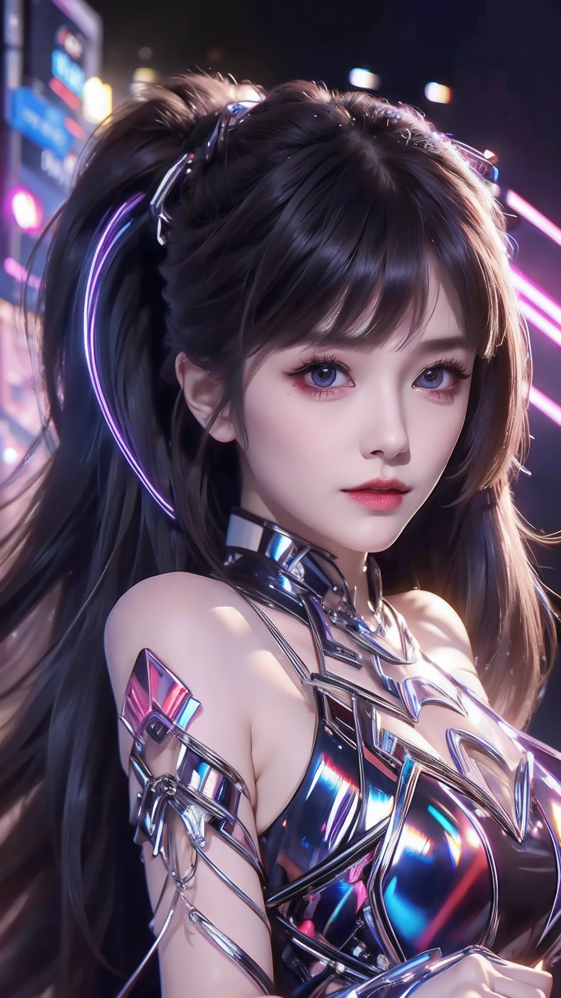 4k ultra hd, masterpiece, high details, a girl, cute face, detailed eyes, long hair, detailed lips, medium breasts, lights on dress, Cyberpunk dress, neon lights connected on dress, neon breasts, bare waist, electric current effect, electric wire connected on body and burning lights, glowing effect, direct-x 2.0 visual effect, high graphic night lights, spreading light, red light reflection, light reflection on road, everywhere spreading red lights, neon lights, aura around on body, whole body capture,