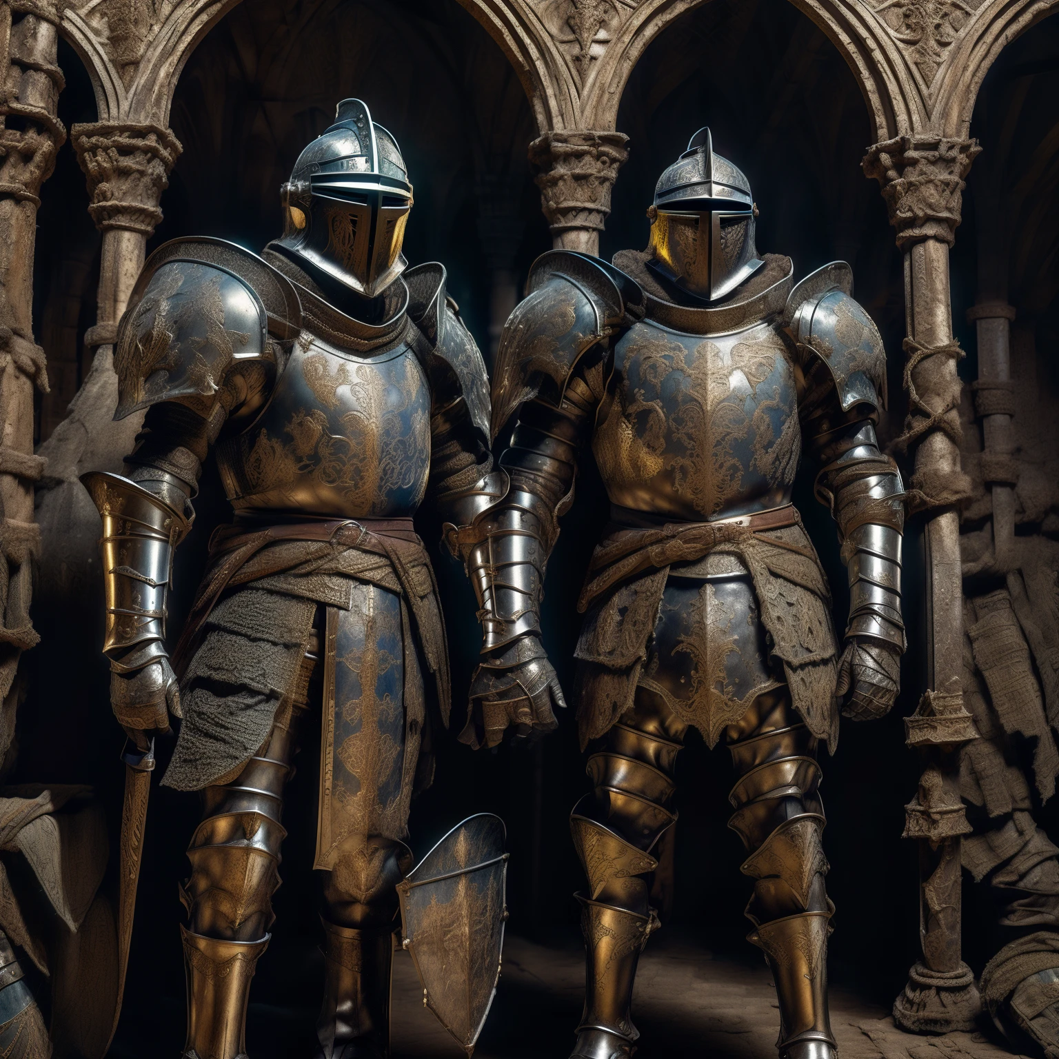There's a space Knight Templar leaning against a treasure pit, paisagem medieval sombria e areiada, Estilo arte quadrinho, cores fracas e caricato como arte velha empueirada