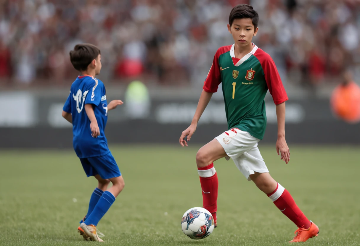 A Chinese boy with a height of 1.75 meters, wearing the uniform of the Portuguese national football team No. 7, used the capture to capture the moment when the Chinese boy dribbled the ball, on the field, player, charming, international football league