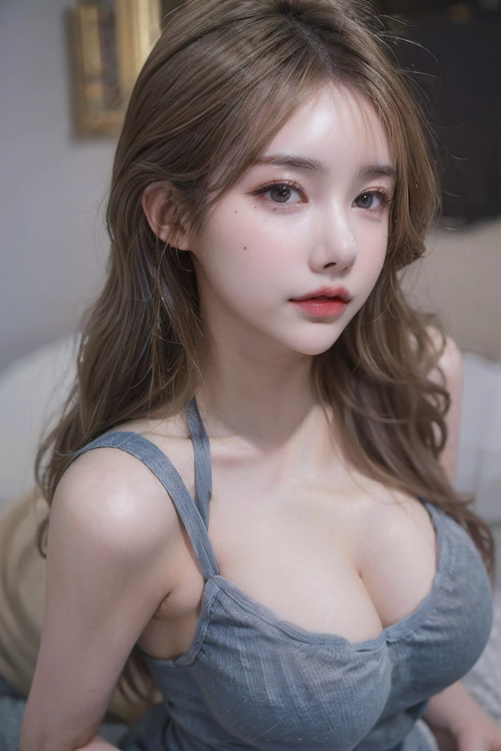Top image quality、Raw photography、超A high resolution、Close-up of the face、Cute girl at 18 years old、Shooting for one person only、big round chest、cleavage of the breast、Tank top、Beautiful Eyes of Details、very elongated eyes、Beautiful eyelashes、Beautiful double eyelids、Lying on your back on a large bed、White bed、shorth hair
