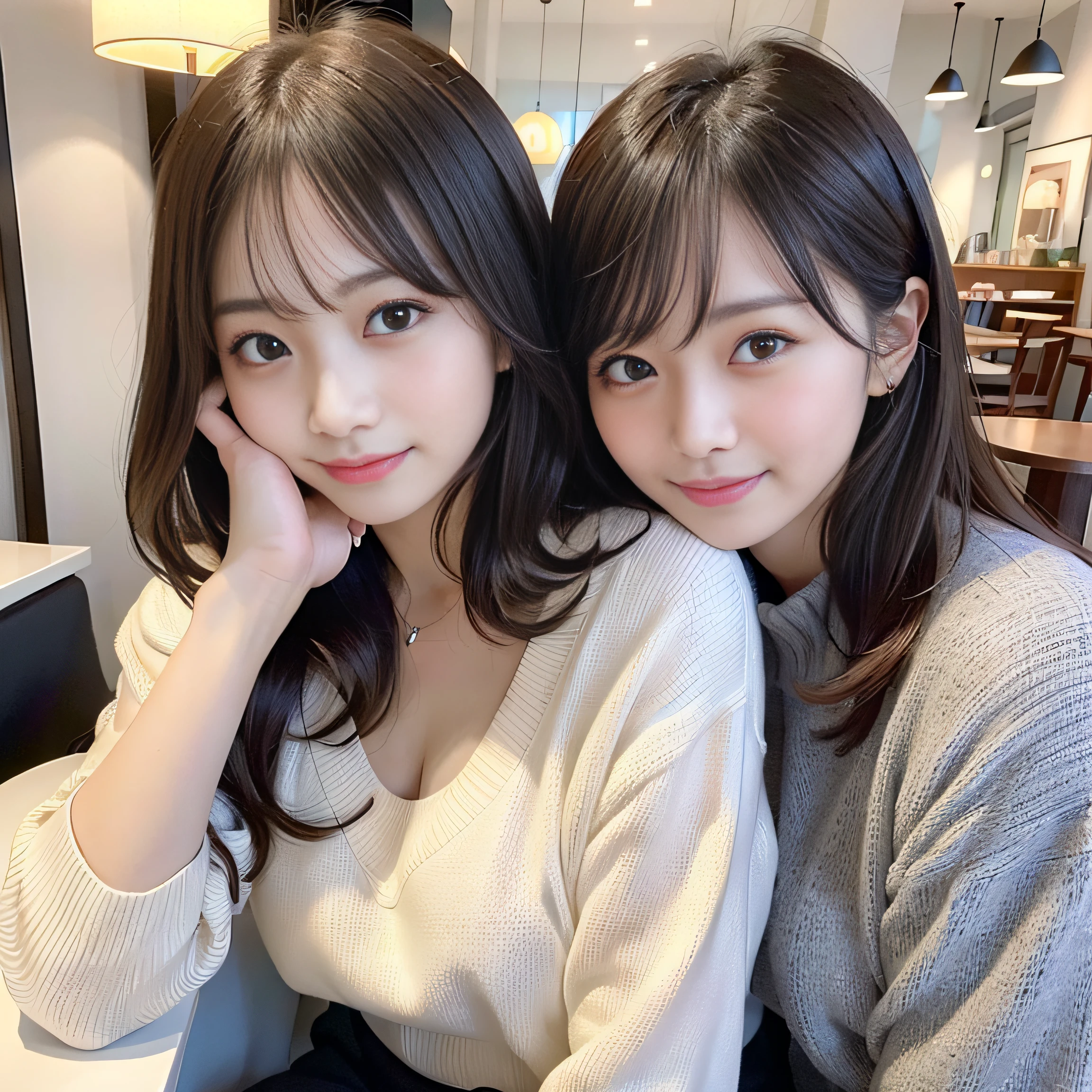 Japan girls in casual clothes、looking at the viewers、Pose with a smile(top-quality、masterpiece)))、hight resolution、ighly detailed、masterpiece、电影灯光、(8K、top-quality、masterpiece:1.2)、(realisitic、Photorealsitic:1.37) Hi-Res、The ultra-detailliert、1womanl 、nogizaka, cute face、35 year old:1.2、 独奏, Textured skin:1.2, beautiful smiling face, Detailed Cafe, natta, 电影灯光、 sitting on、Dating、(Shy smile:1.2)、Medium chest、beautiful finely detailed eyes、(Sweaters:1.1)、natta、from waist up:1.2、shorth hair