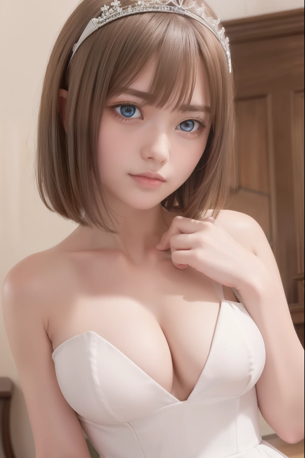 yotsubanakano, yotsuba nakano, bangs, short hair, blue eyes, hair between eyes, hair ribbon, hairband, orange hair, green ribbon,
BREAK gloves, dress, cleavage, bare shoulders, collarbone, elbow gloves, white gloves, white dress, strapless, tiara, veil, strapless dress, wedding dress, bridal veil,
BREAK indoors, church,
BREAK looking at viewer, BREAK (masterpiece:1.2), best quality, high resolution, unity 8k wallpaper, (illustration:0.8), (beautiful detailed eyes:1.6), extremely detailed face, perfect lighting, extremely detailed CG, (perfect hands, perfect anatomy),