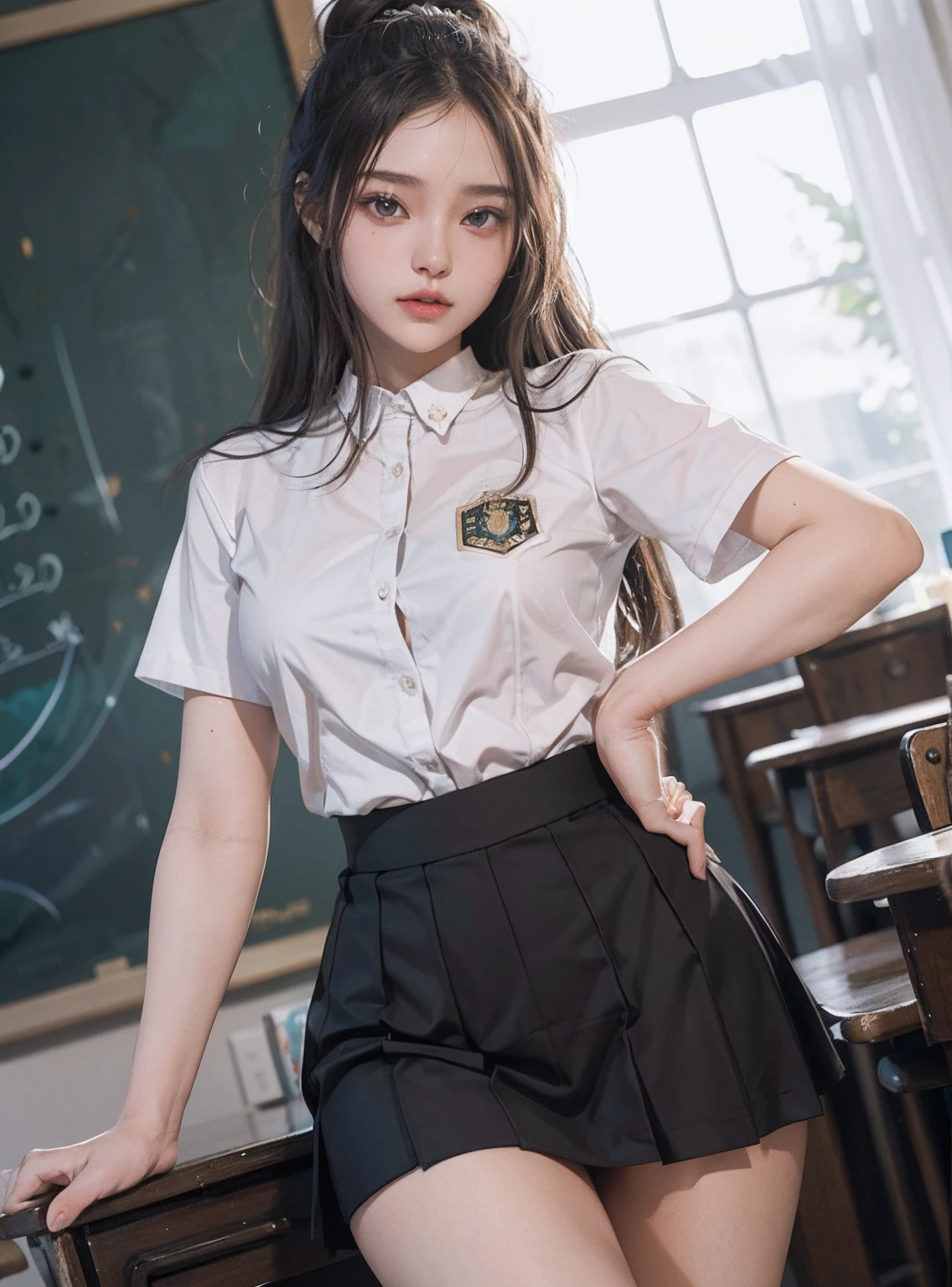 (The upper part of the body: 1.2 1girl, tmasterpiece, Better quality, ultra - detailed, illustratio, 20-year-old brunette girl wearing school uniform, Girl in short skirt, finely detailed  eyes and detailed face) The clothes ar: mini-skirts, Tight white blouse, Vera, allure: with short black hair, Clean buns, Natural makeup, (黑The eye: 1.05), White glasses, Wide buttock, senos masivos, seductiv, maternal, at_The_vd_Office, looking at viewert, curvilíneo, voluptuous, full bodyesbian, Madam CEO, (girl in uniform: 1.1), Solo, (Curvy: 1.1), big assa, Thigh thick, A MILF, Classroom Fund,