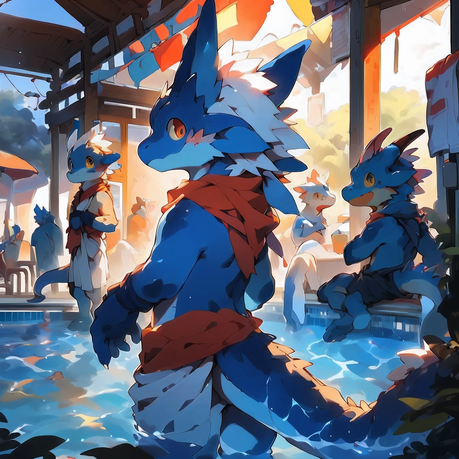 nj5furry, Dragon, Dark blue body, White hair, standing, Towels, Swimming pool, Rear view, young male,,by Pino Daeni, canyne khai, milkytiger1145, Dagasi, Yupa, Tik