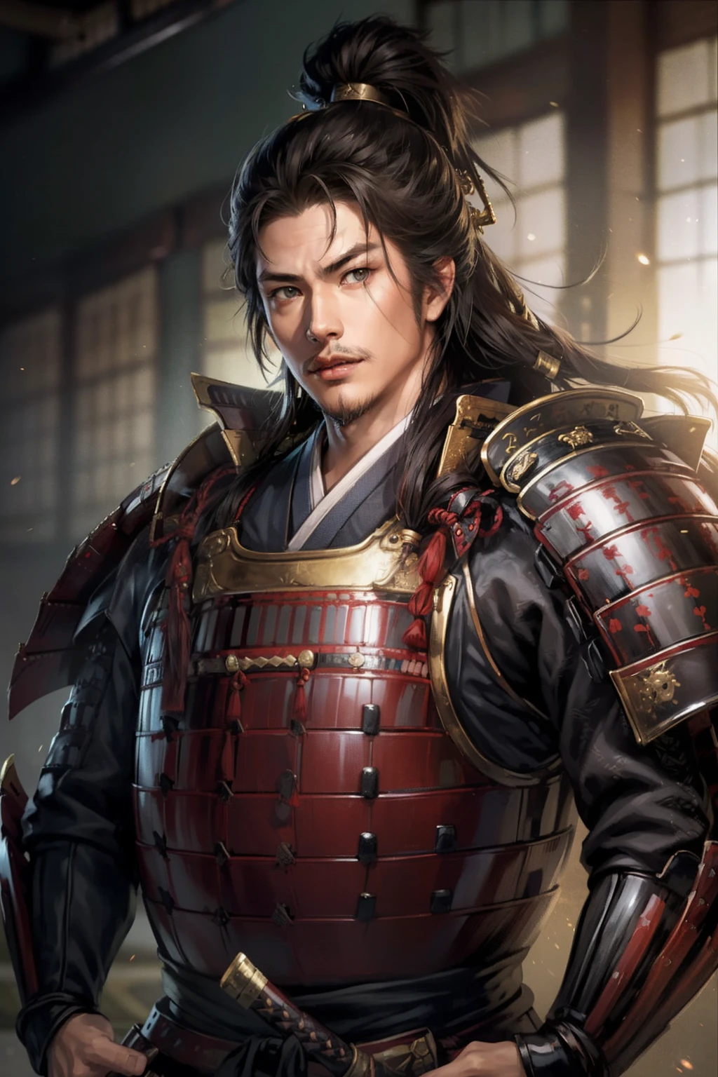 8K brown hair Japan samurai male portrait、Convoluted、(Handsome Japan man:1.2)、Cute Asian Man、(Holding one long Japan sword:1.2)、elegent、(Fitness Man)、Highly detailed and majestic digital photos、Germ and surreal painting of art by Ruan Gia and Greg Rutkowski Gold Filigree、(Samurai Japan Armor:1.5)、Broken glass、(​masterpiece、side lights、Beautiful eyes with fine details:1.2)、 nffsw、(​masterpiece)、(very intricate)、Fantasia、samurais、Hachimaki、Jinhaori、Japanese armor、The long-haired