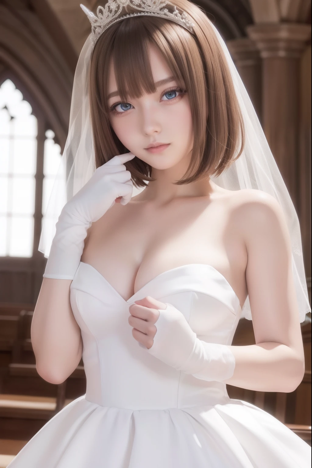 yotsubanakano, yotsuba nakano, bangs, short hair, blue eyes, hair between eyes, hair ribbon, hairband, orange hair, green ribbon,
BREAK gloves, dress, cleavage, bare shoulders, collarbone, elbow gloves, white gloves, white dress, strapless, tiara, veil, strapless dress, wedding dress, bridal veil,
BREAK indoors, church,
BREAK looking at viewer, BREAK (masterpiece:1.2), best quality, high resolution, unity 8k wallpaper, (illustration:0.8), (beautiful detailed eyes:1.6), extremely detailed face, perfect lighting, extremely detailed CG, (perfect hands, perfect anatomy),