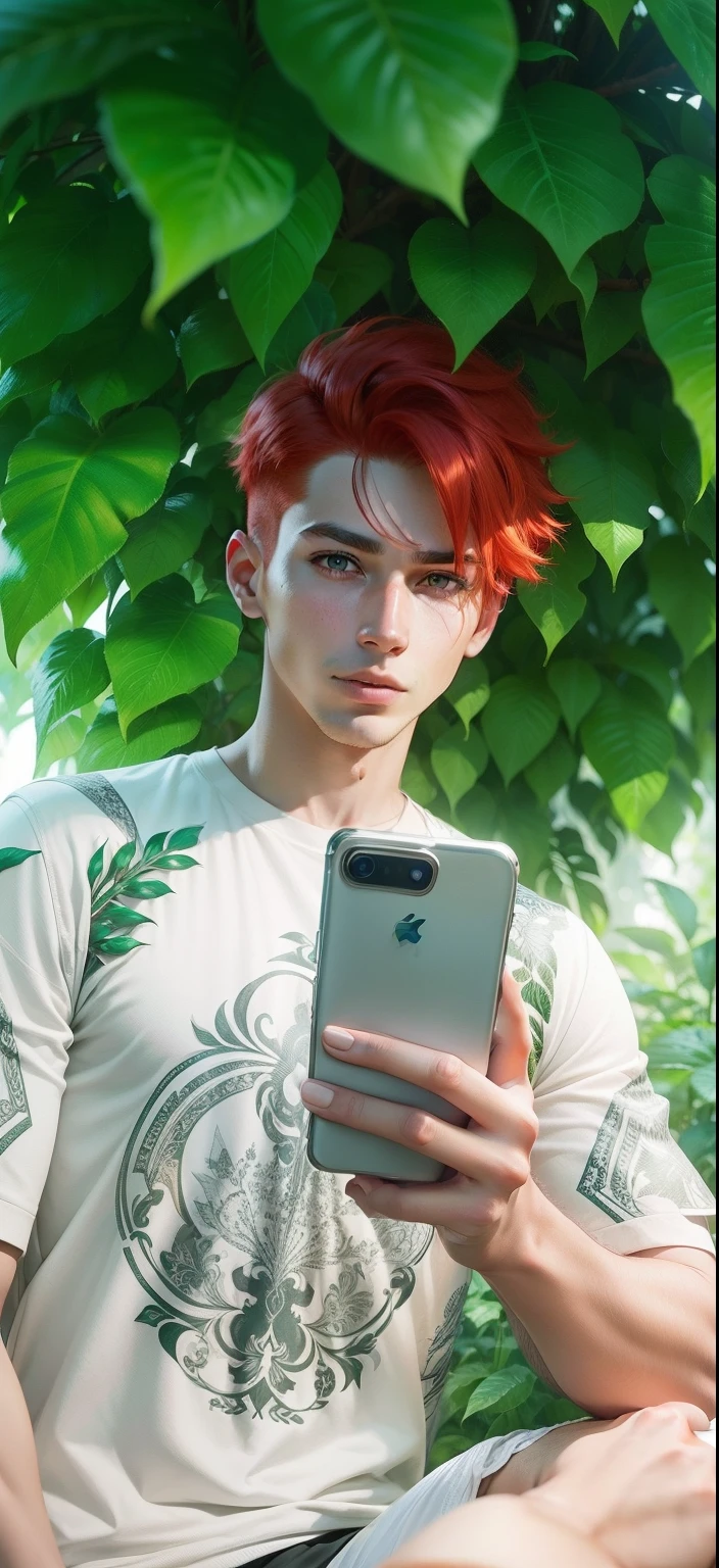 Boy with Phone futuristic leaf background realistic face, Red Hair ultra high quality HD