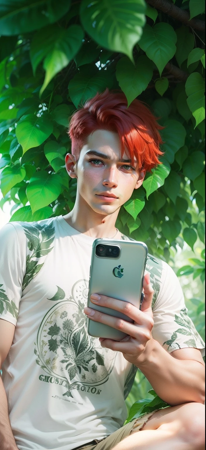 Boy with Phone futuristic leaf background realistic face, Red Hair ultra high quality HD