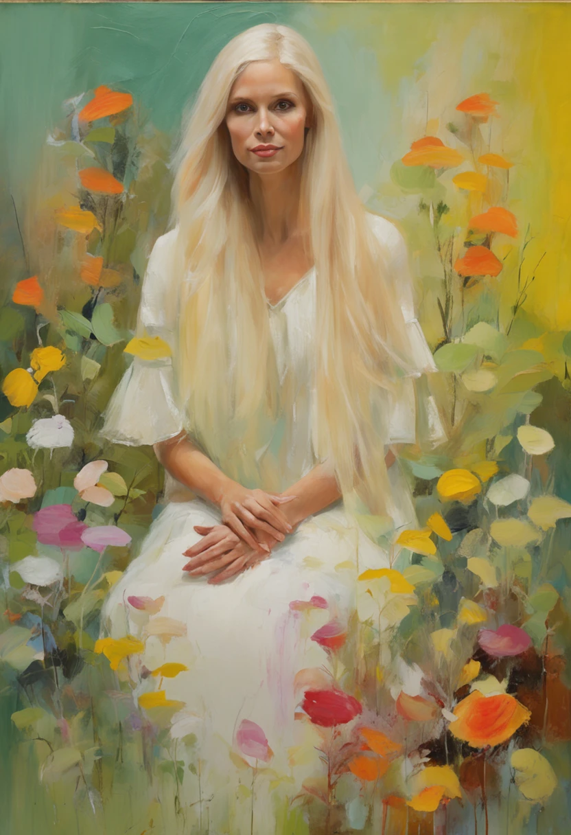 (masterpiece, best quality),1girl, 7 years old, long white hair sitting in a field of green plants and flowers, her hand under her chin, warm lighting, white dress, blurry foreground