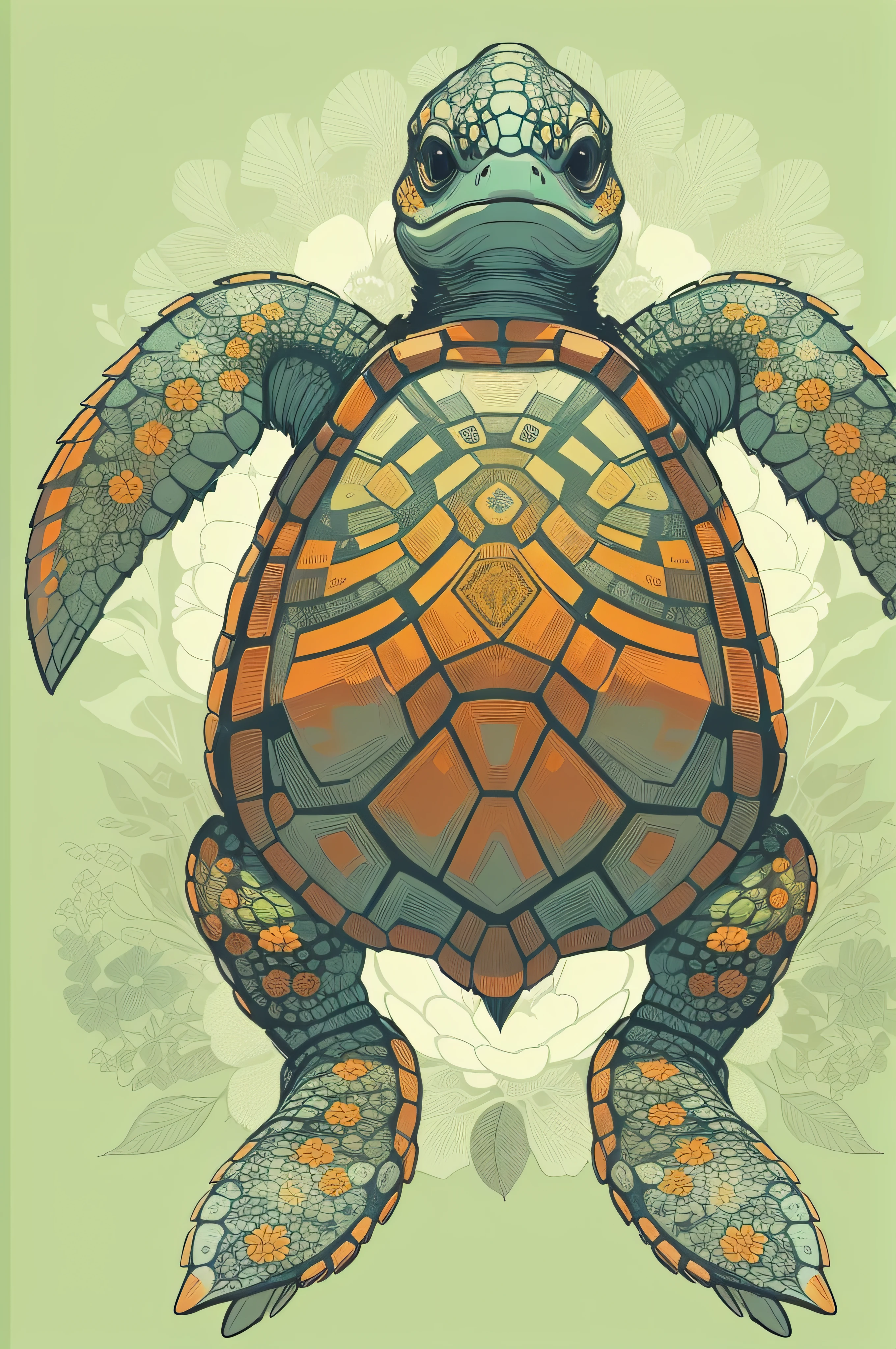 ((best quality)), ((masterpiece)), (detailed), (realistic), "Vibrant and recognizable turtle symbol, simple 3-step drawing: 1.2), (bold and clear lines: 1.1), (cool and muted colors: 1.2), (flat design style: 1.3), (8k resolution, high contrast: 1.4)"