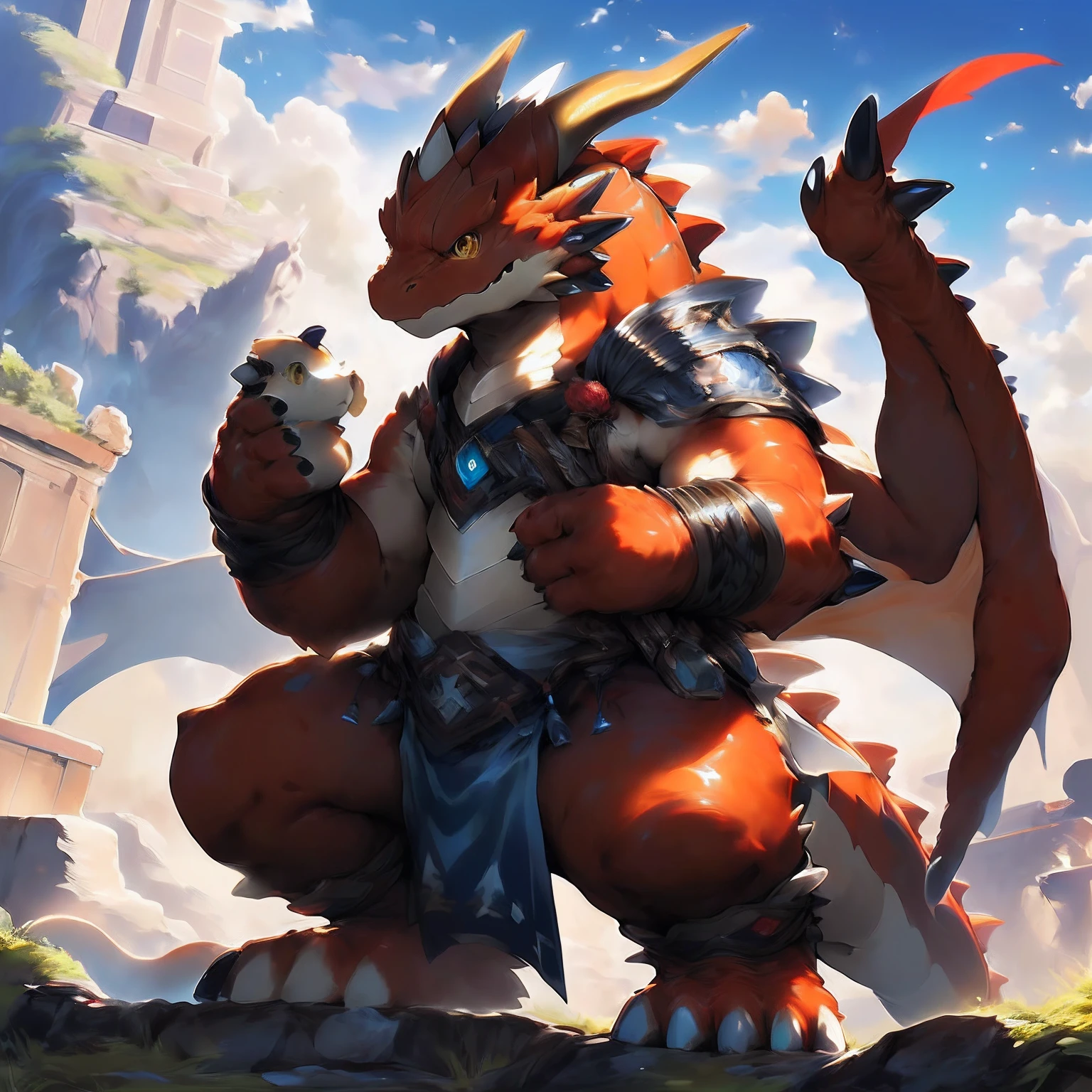 nj5furry,,loincloth,Red body,Male, komono, ((extremely realistic shading, Masterpiece, Extremely detailed, Photorealistic)), ((Dragon)) Strong, Mature male, warrior, Dynamic pose, Serious expressions,,by Pino Daeni, canyne khai, milkytiger1145, Dagasi, Yupa, Tik
