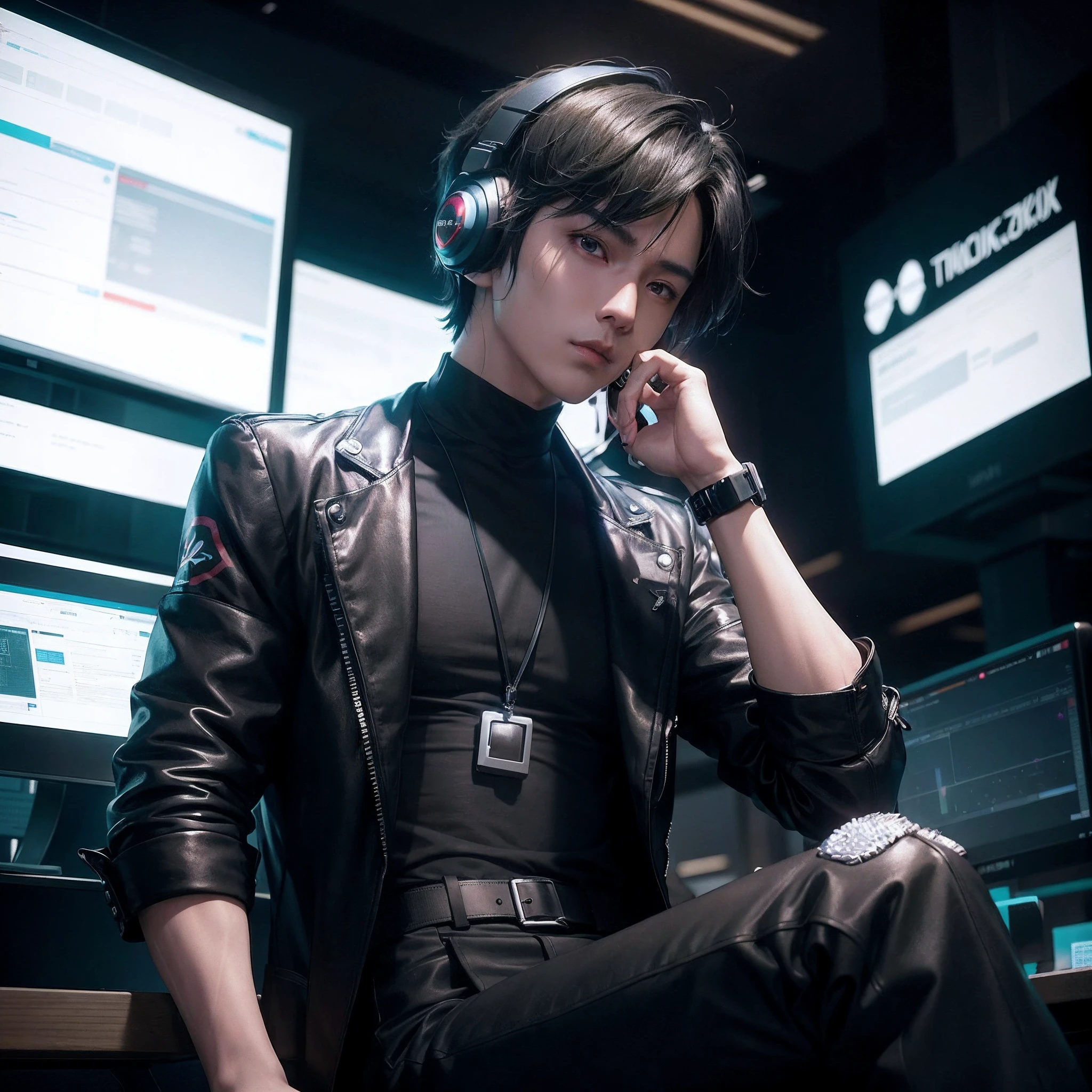 there is a man sitting in front of a computer desk hand on cheeks  in cyberpunk style, modern cyberpunk anime, professional cosplay, digital cyberpunk anime art, ross tran 8 k, handsome anime pose, digital cyberpunk - anime art, cyberpunk photo, wearing cyberpunk leather jacket, jet black haired cyberpunk girl, trending on cgstation, anton fadeev 8 k