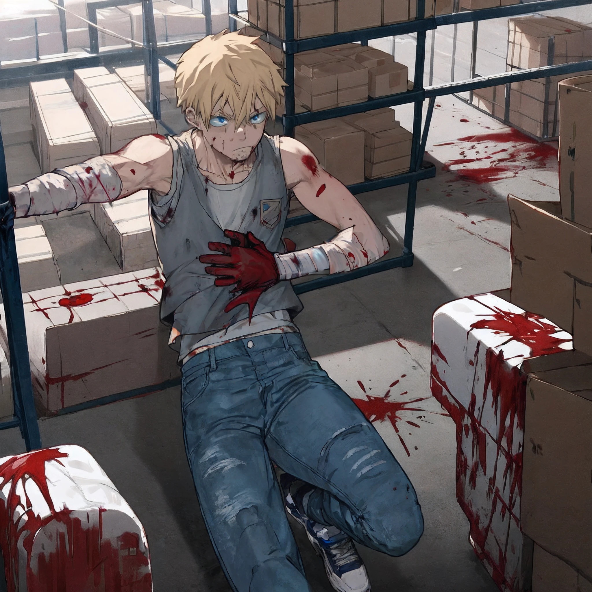 anime, injured boy, blond, blue eyes, gray vest, gray jeans, black sports shoes, blood covered, warehouse, night, very dark