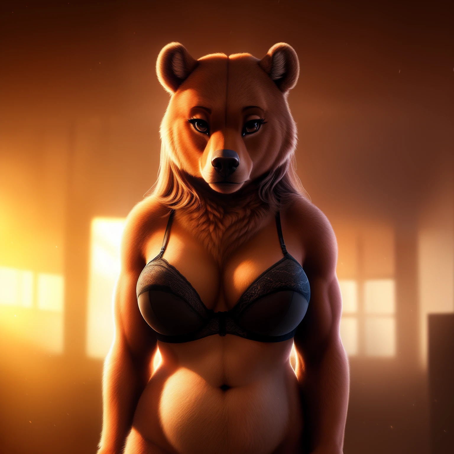 (((Cute Face))), (((Cute pose))), (((detailed eyes))), Solo, (((highly detailed fur))), ((seductive)), (((female))), (((bra))), standing, snout, (by fivel), detailed eyes, (((medium breasts))), ((eyelash, brown bear)), ((facing viewer)), (((belly, massive, belly, biceps))) long hair, sharp focus cgi, photorealistic, high detail, realistic, masterpiece, absurdres, best quality, HDR, high quality, high-definition, extremely detailed, 8k wallpaper, intricate details, 8K uhd, Full-HD, (realistic photo:1.2), contrast, harsh lighting, cinematic lighting, natural lighting, hard light, backlighting, global illumination, ambient occlusion,