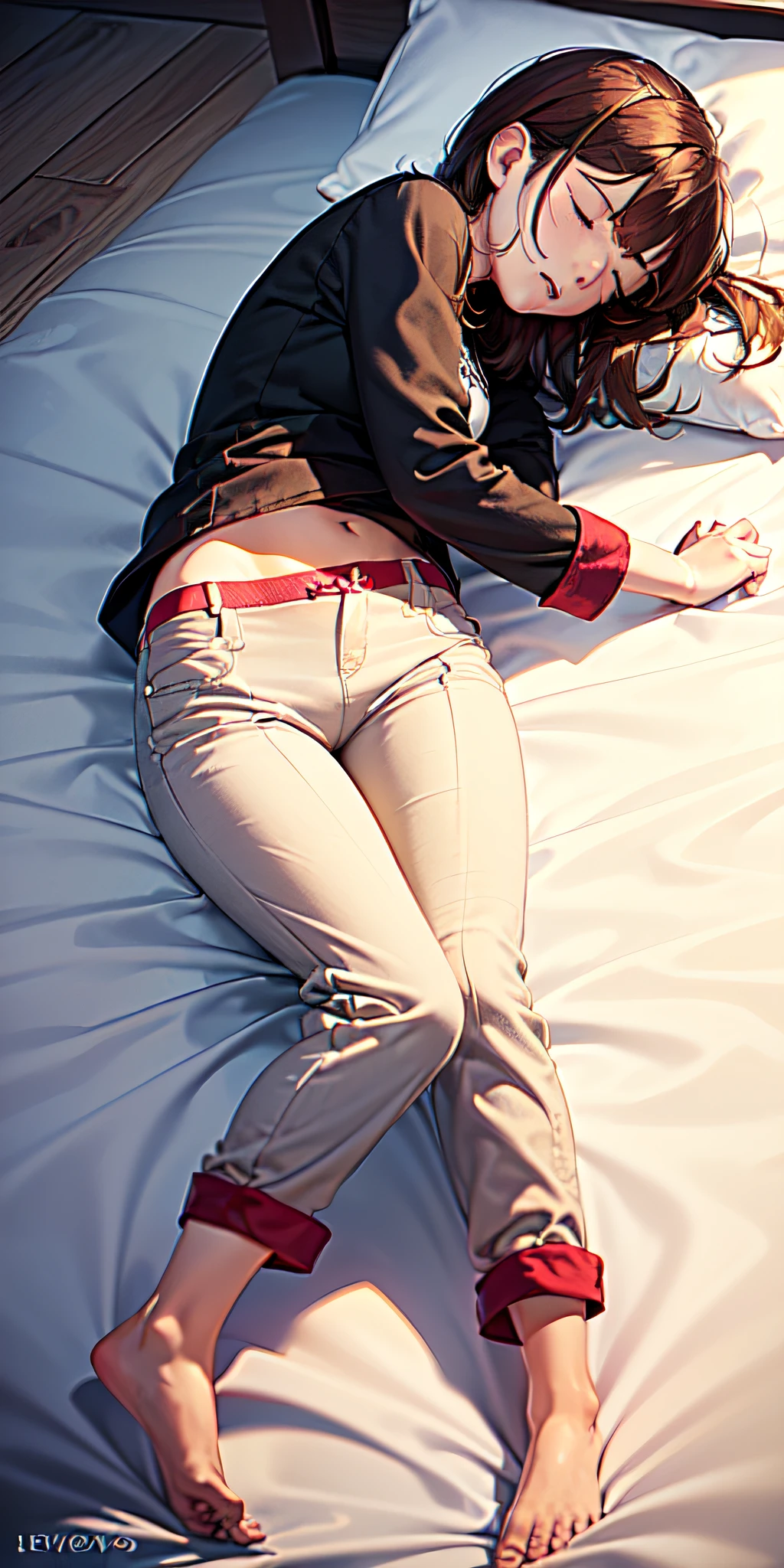 ((Superior Quality, 8K, tmasterpiece: 1.5))、Japan schoolgirl、18year old、Pubic area is clear: 1.2、Perfect Body Beauty: 1.4、8.5 head body、((high-school uniform、red bowtie:1.5))、pleatedskirt、Brown blazer、(Lace white panties、Show panties:1.5)、Sexy upper eyes、happiness、((Smile:1.2))、wetted skin, Sleeping on the bed，Buttocks pouting, Buttocks pouting，Back stance，Back stance，legs are open，legs are open， Knee bend，Ancient bed，Film texture，