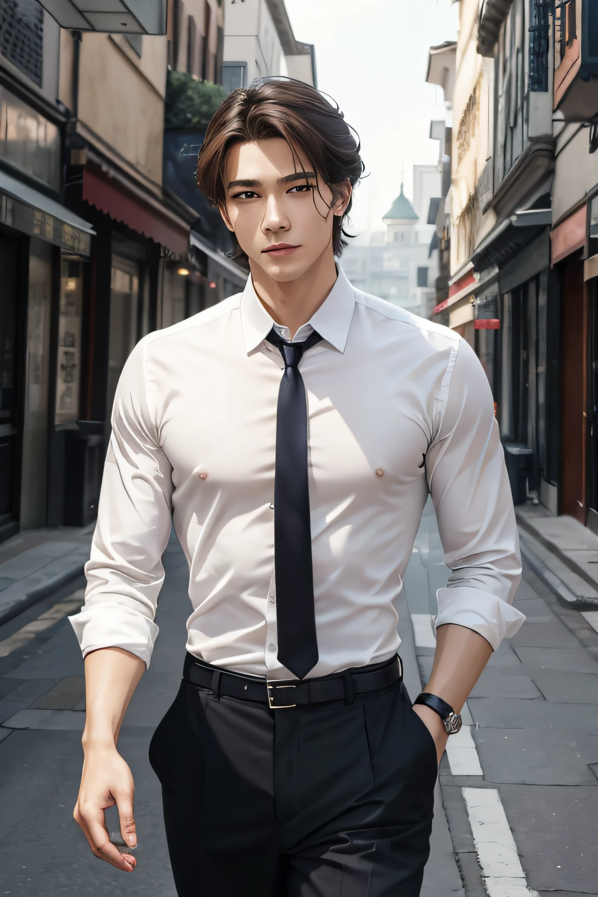 On a sunny afternoon,He walked down the street,The graceful pace seems to dance to the melody。A shallow smile outlined the bridge of his high nose and the corners of his slightly upturned mouth。Deep eyes like stars in the night sky,It contains endless wisdom and mysterious mysteries。His brown hair is slightly messy,But this is the charm of the nature and leisure nature,People can't help but want to get closer。 His facial features form perfect proportions,Handsome silhouettes blend with delicate lines。His high cheekbones,Gently contour your face,The gentle chin line adds affinity to the entire face。His skin is fair and smooth,It seems to reveal a subtle glow,Make him shine even more。 He wears simple and elegant clothes,The white shirt is slightly open,Reveals his firm pectoral muscles,The gently lifted tie is dignified and unrestrained。This confidence and calmness,He doesn't need much embellishment,It has become the focus of attention of those around it。 No matter which direction he looks,Everything seems to be a masterpiece in a painting,That unique charm is indescribable,It can only leave a lasting impression in the mind。