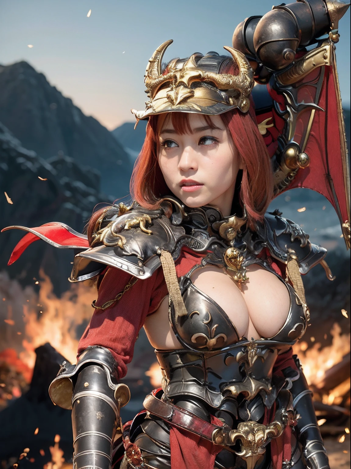 Professional , masterpiece、top-quality、photos realistic , depth of fields 、(Dragon Red Metal Body:1.9),(Matte Red、(cleavage of the breast)、Dragon Gold Weapon、(Red Micro Bikini Armor:1.4),Gorgeous gold weapons ,(( Dragon's dense and gorgeous sword)) , (demonic wings)、((a blond))、(Castle background)、((Gangle's forest background))、Beautiful Caucasian beauty、1a person、dynamic ungle,(((Detailed and ornate dragon helmet)))、Smaller head、A smile、Castle background、Thin and beautiful female hands、cleavage of the breast、Soldier in iron armor on background、Mystical expression、Light Effects、intense fighting、Wind-effect、magic circles、With the legendary magic wand、Dragon's tail、explosions、