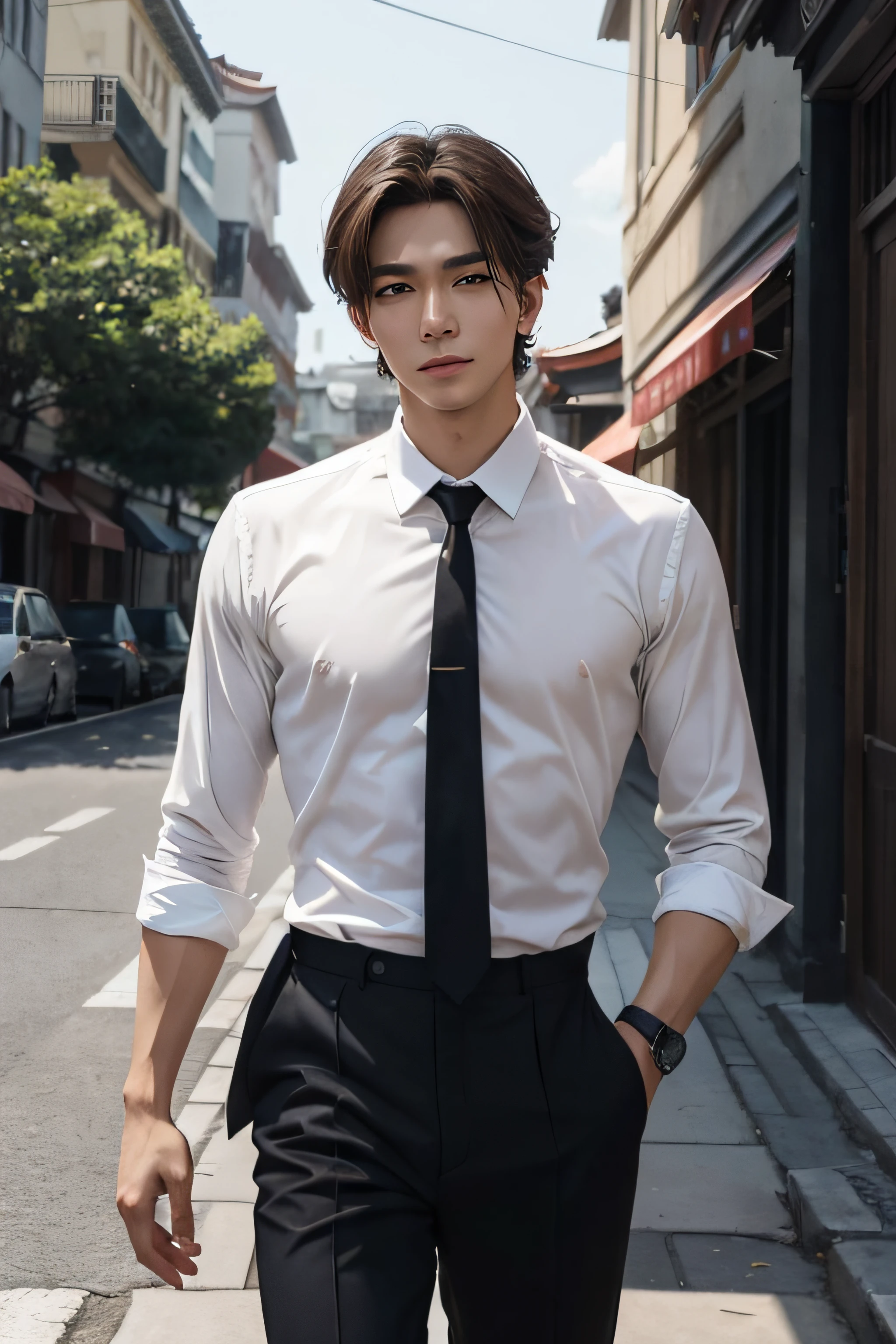 On a sunny afternoon,He walked the streets,The graceful steps seem to dance to a melody。A shallow smile outlined the bridge of his tall nose and slightly upturned corners of his mouth。Deep eyes like stars in the night sky,It contains endless wisdom and mysterious mystery。His brown hair was slightly disheveled,But it is the charm of that natural and casual nature,One can't help but want to get closer。 His facial features form perfect proportions,Handsome silhouettes blend with delicate lines。His high cheekbones,Gently outline the lines of your face,The soft chin line adds affinity to the entire face。His skin is fair and smooth,It seems to reveal a subtle halo,Make him shine even more。 He wears simple and elegant clothing,A white shirt is slightly open,Revealing his firm pectoral muscles,The gently raised tie is dignified and unrestrained。This confidence and calmness,He doesn't need too much embellishment,It has become the focus of attention of those around it。 No matter which direction he looks,All seem to be a masterpiece in a painting,That unique charm is indescribable,Can only leave a lasting impression in the heart。