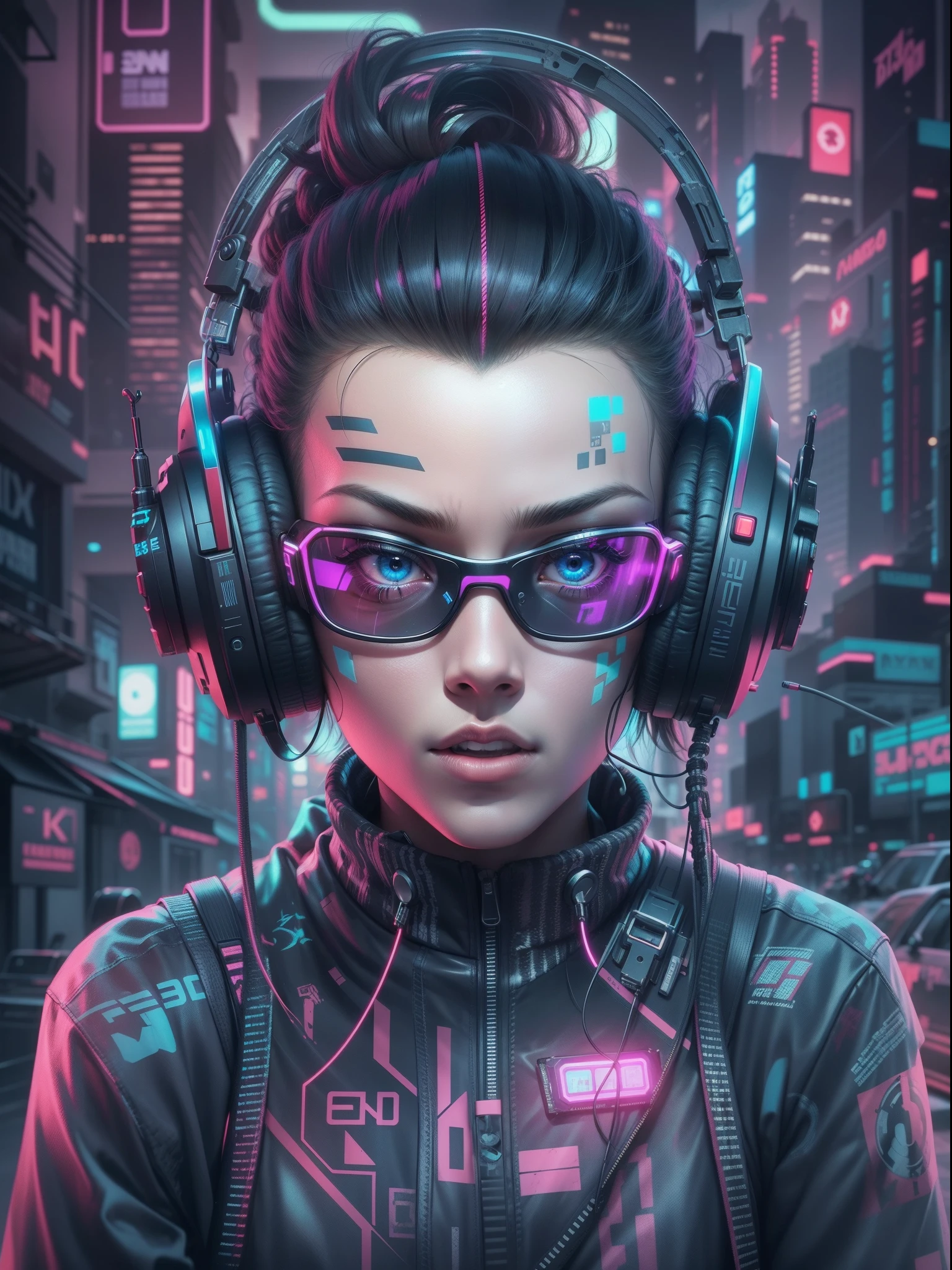 Objeto fone Hadset futurista, Estilo cyberpunk, adornado de tinta e neon, estilo de imagem vetorial para estampa de camisetas, fundo branco, imagem 4k realista, emprestar, ray tracing