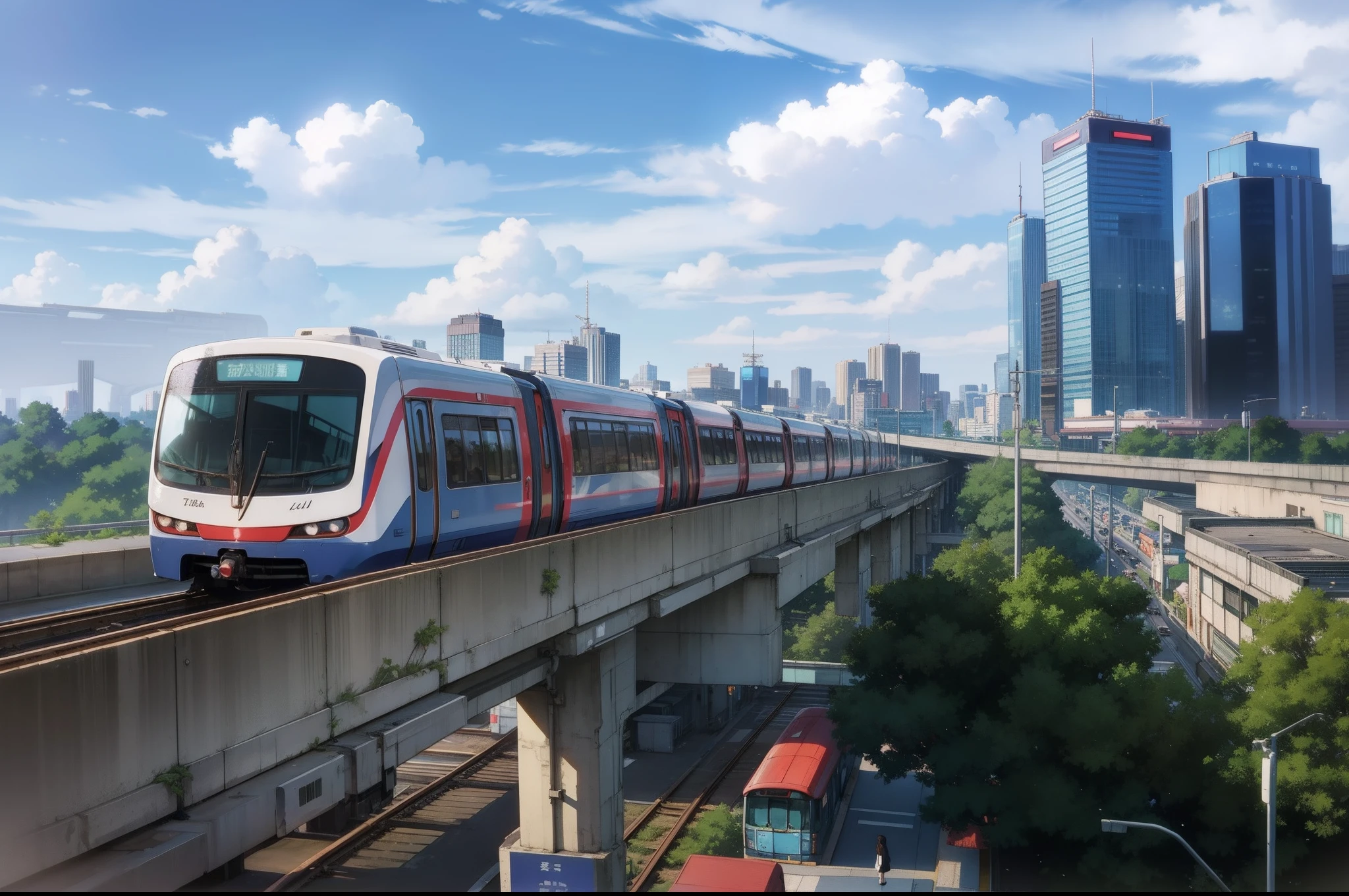 Anime scene by makoto shinkai, skytrain, city background