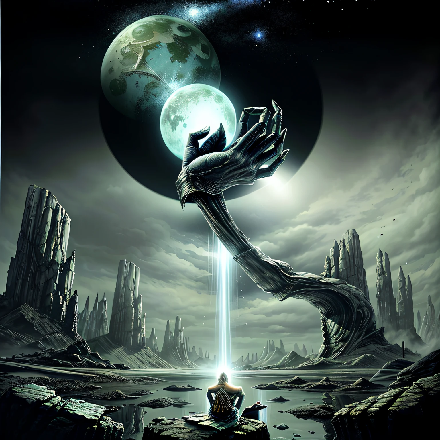 <lora:ptm0-000007:0.8>ptm0 a painting of a man with a head made out of a half moon three pointed stone with floating orbs levitating around him pressing his palms together with thin insect like body made out of thin flexible rocks, muted colors, light shining from behind, abstract, surreal, beksinkski, horror, dark art, floating in the air, Bastien L. Deharme, magic the gathering artwork, an ultrafine detailed painting, altermodern