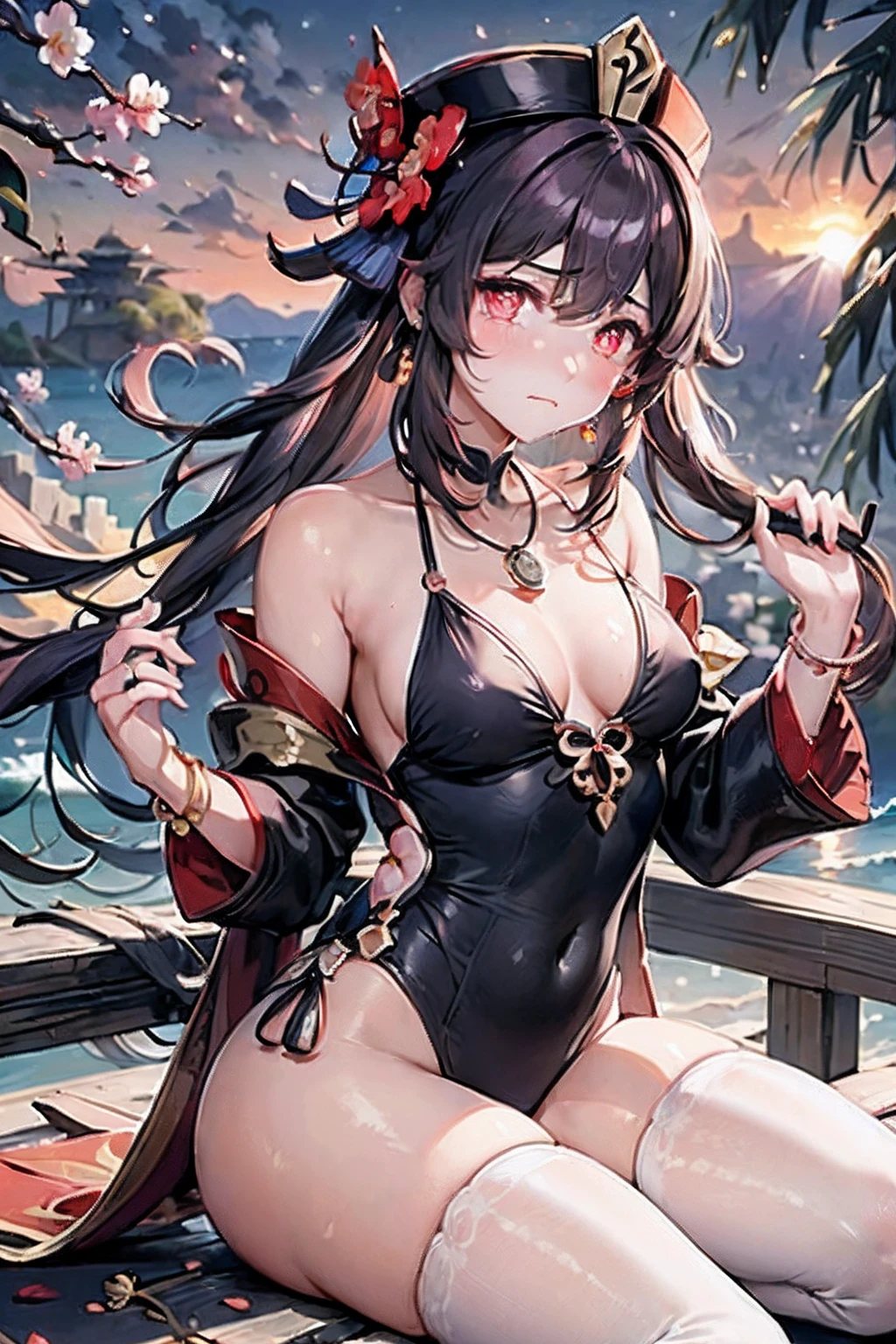 (((masterpiece))),bestquality,illustration,hutao\(genshin\), 1girl,full body, standing, (red eyes), (plum blossom shaped eyes), (beautifuldetailedeyes),cute face, aqua eyes, looking at viewer,expressionless eyes, crying with eyes open, tears,sad, frown, closed mouth, swimsuit, white thighhighs, uwabaki, earrings, necklace, sitting, dusk, sunset, sky, beach, landscape, beautiful detailed sky,