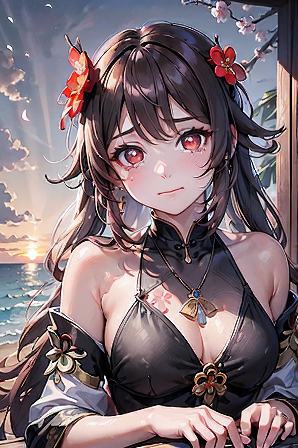 (((masterpiece))),bestquality,illustration,hutao\(genshin\), 1girl,full body, standing, (red eyes), (plum blossom shaped eyes), (beautifuldetailedeyes),cute face, aqua eyes, looking at viewer,expressionless eyes, crying with eyes open, tears,sad, frown, closed mouth, swimsuit, white thighhighs, uwabaki, earrings, necklace, sitting, dusk, sunset, sky, beach, landscape, beautiful detailed sky,
