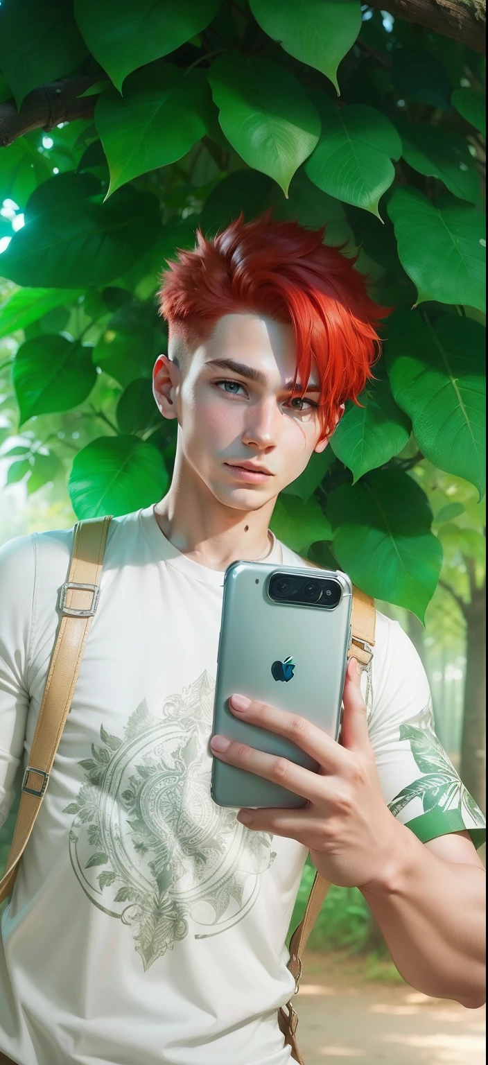 Boy with Phone futuristic leaf background realistic face, Red Hair ultra high quality HD