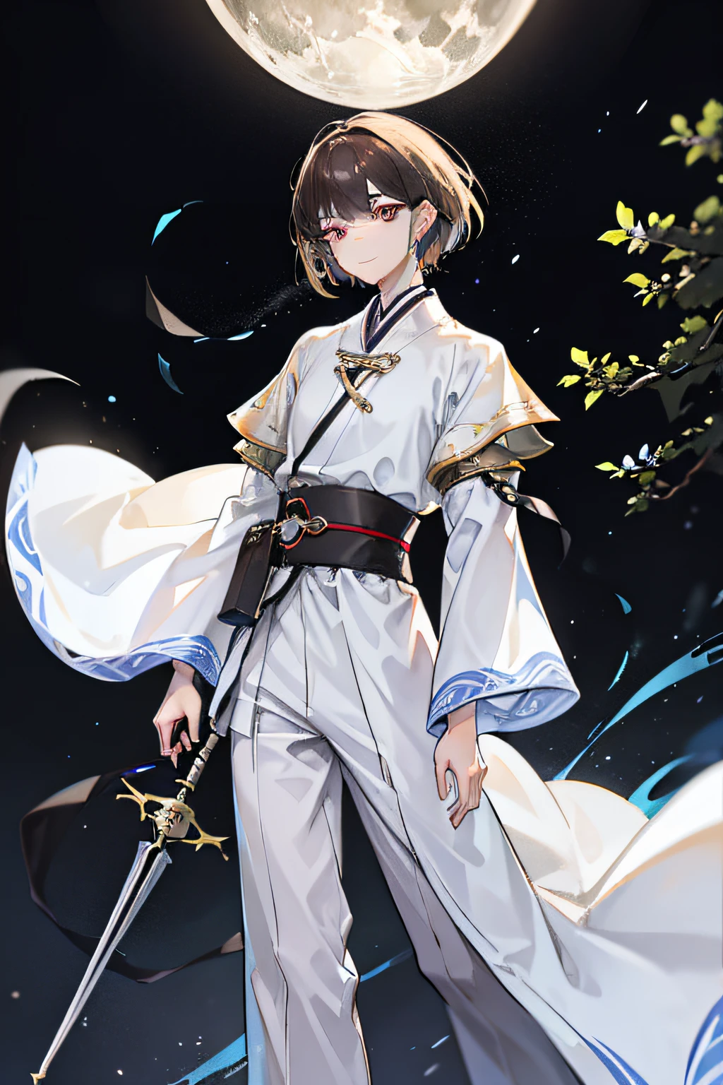 A man,Hanfu,kaftan,Wide sleeves,Deep clothing,white clothes,brunette color hair,short detailed hair,blackigeyes,Stand in the treetops,the woods,Lots of cicadas,mechanical structure,ssmile,Up to no good,moonlight,nigth,thief,Eavesdroppers,mechanical structure,daggers,male people,short mustache,Robe hem,long trousers,short sword