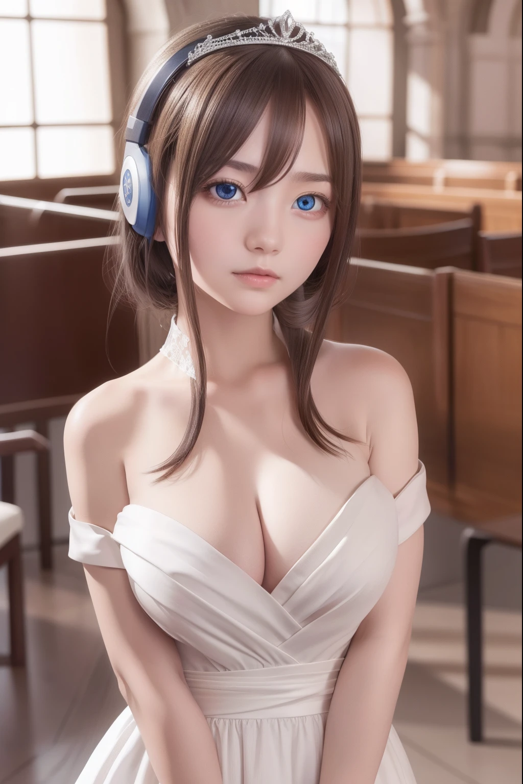 mikunakano, miku nakano, long hair, bangs, blue eyes, brown hair, hair between eyes, headphones, headphones around neck,
BREAK gloves, dress, cleavage, bare shoulders, collarbone, elbow gloves, white gloves, white dress, strapless, tiara, veil, strapless dress, wedding dress, bridal veil,,
BREAK indoors, church,
BREAK looking at viewer, BREAK (masterpiece:1.2), best quality, high resolution, unity 8k wallpaper, (illustration:0.8), (beautiful detailed eyes:1.6), extremely detailed face, perfect lighting, extremely detailed CG, (perfect hands, perfect anatomy),