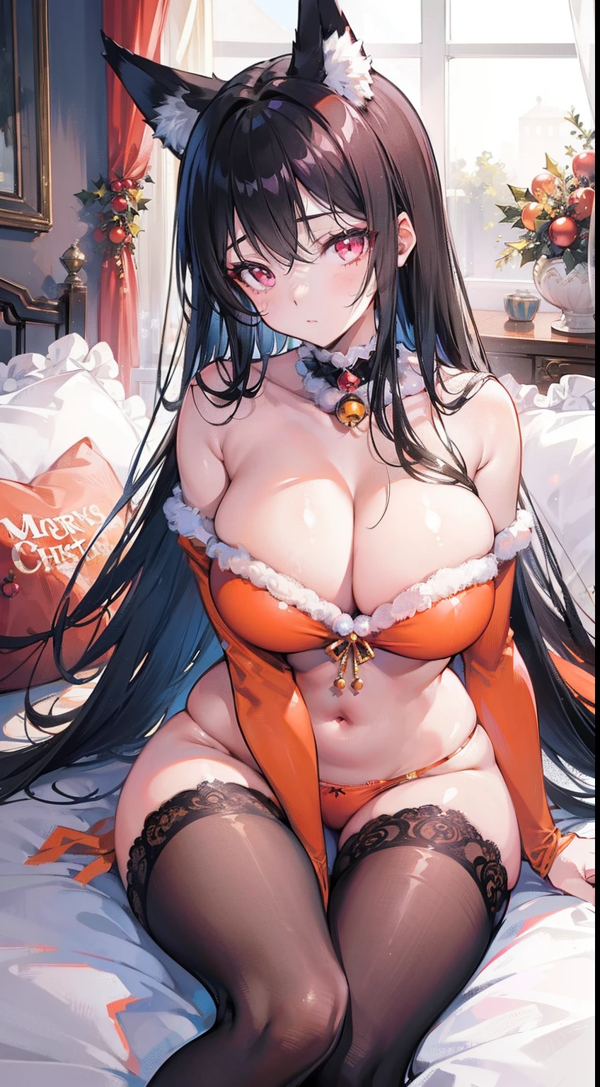 High quality, masterpiece, ultra-detailed, thighband pantyhouse, orange lingerie, 1girl, solo, peaceful expression, long black hair, enchanting pink eyes, fox ears, ridiculously large breasts, grabbing own breast, shiny skin, bedroom, christmas