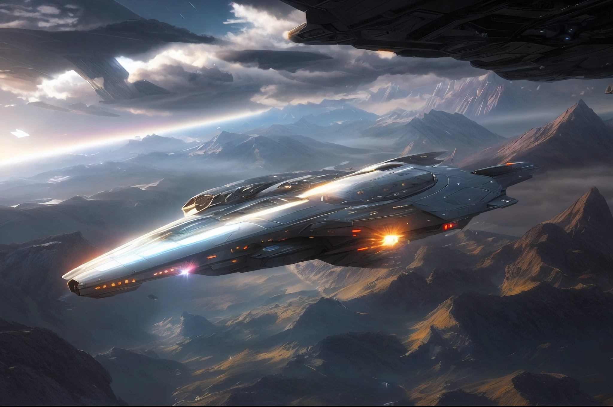 A spaceship flying over the mountains of the cloudy sky, star citizen digital art, in the style star trek 8 k, sci - fi spaceship in combat, epic beautiful space scifi, 4 k hd wallpaper c 1 7, HQ 4K wallpaper, wallpaper hd, star citizen halo, scifi spaceship, 8 K high detail concept art, Sci-fi fantasy wallpaper