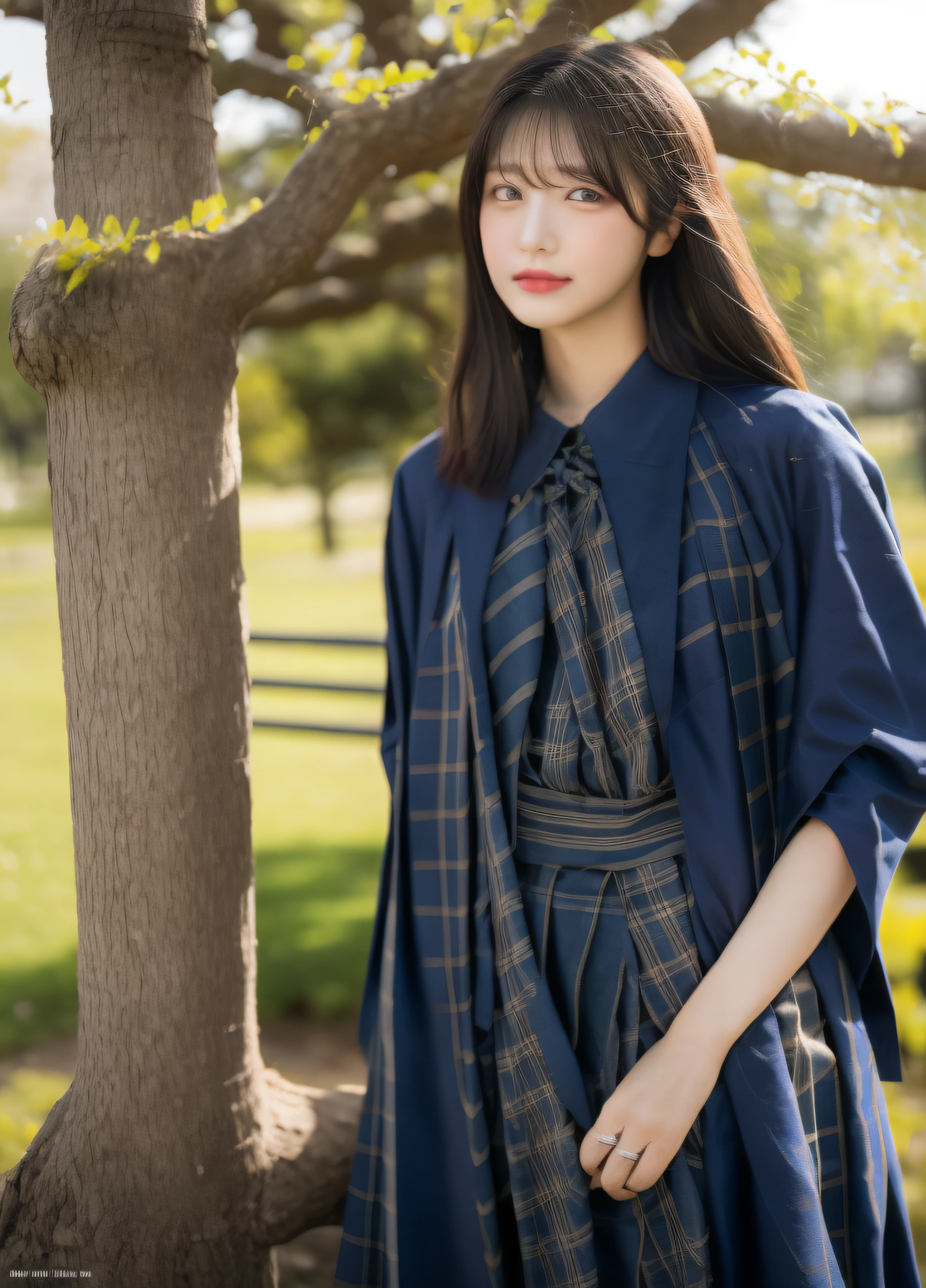 top-quality、8k picture、Alafed woman sitting on tree branch with book, beads cross onbare chest, park ji-min, wearing cross on robe, a park, Park, Itagaki Publishing, Dark Stone, Cross, Tartan cloak, kakar cheung, taken with a canon eos 5 d, anna, john park, 1 0 / 1 0, a park, promo shot