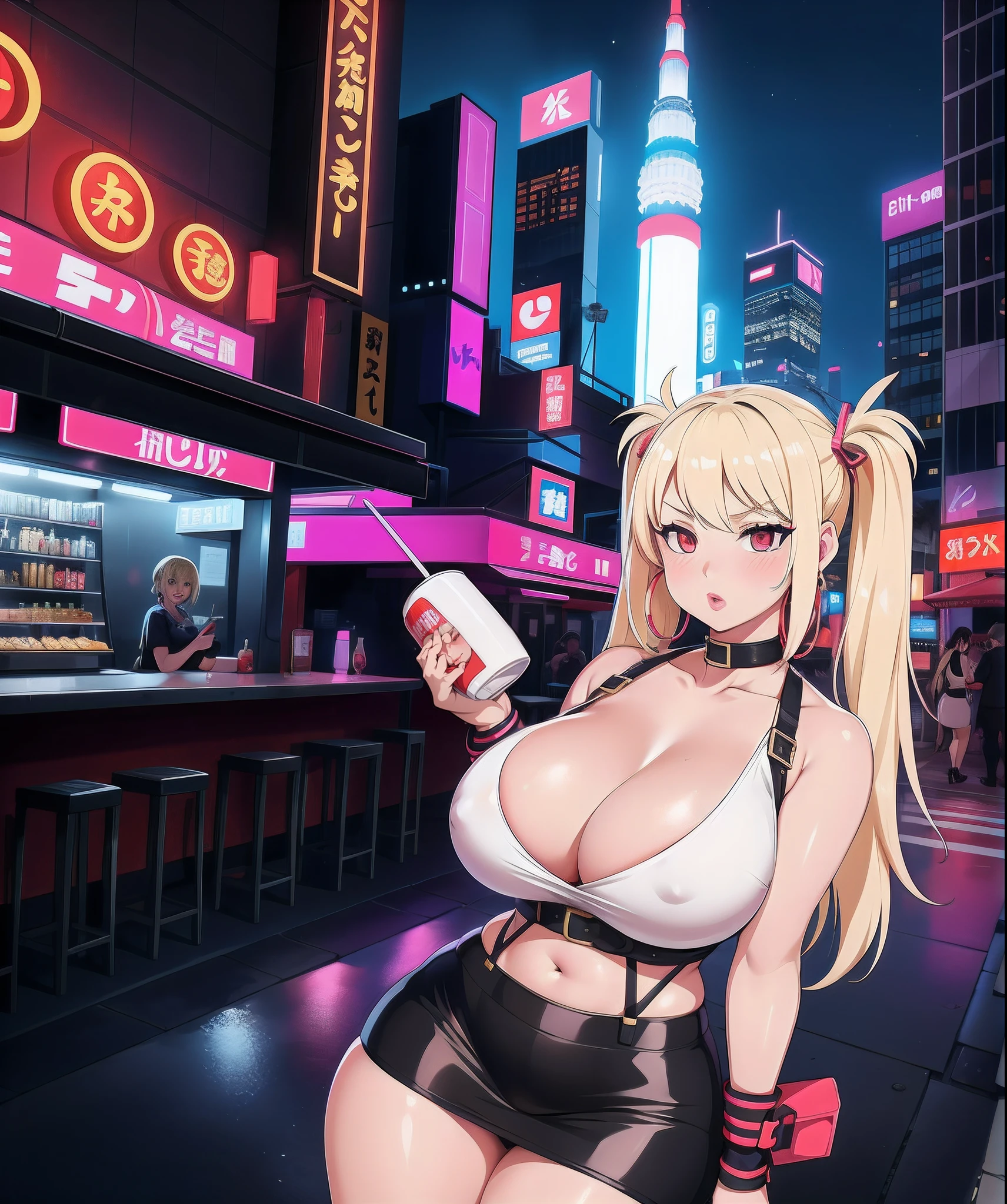 a 1girl, (((Bimbo))),hoop earrings, pouty lips, painted lips, fat lips. hair light, Short twintails, wide thighs, thick-thighs, burst breasts Nightlife, night city, Cyberpunk-city, futuristic cityscape. neon lights, (skyscraper:1.1), tokyo tower, palm tree, fabric sign, ramen kiosk, nightclub. Bright lights of the city, Exotic car. alcohol, bar, shoulder, soup kiosk, bottles of alcohol,