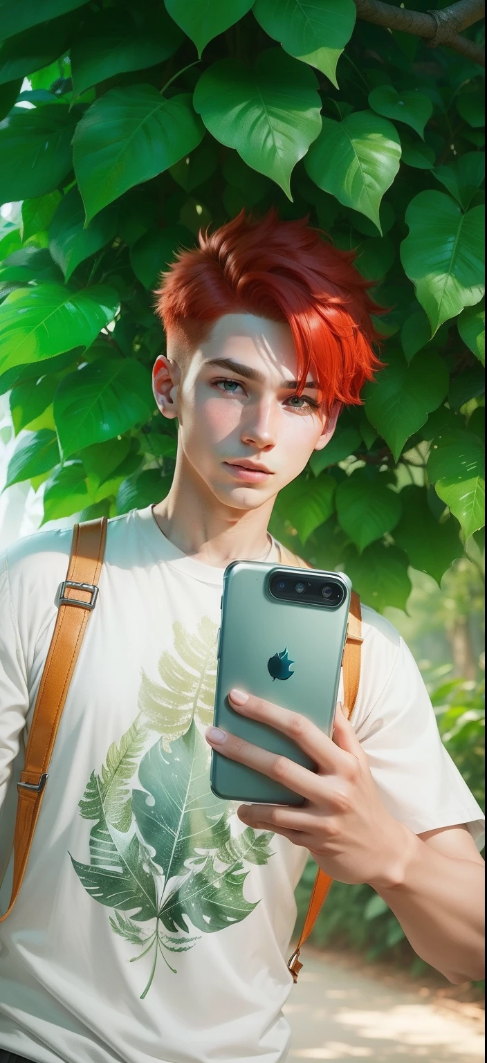 Boy with Phone futuristic leaf background realistic face, Red Hair ultra high quality HD