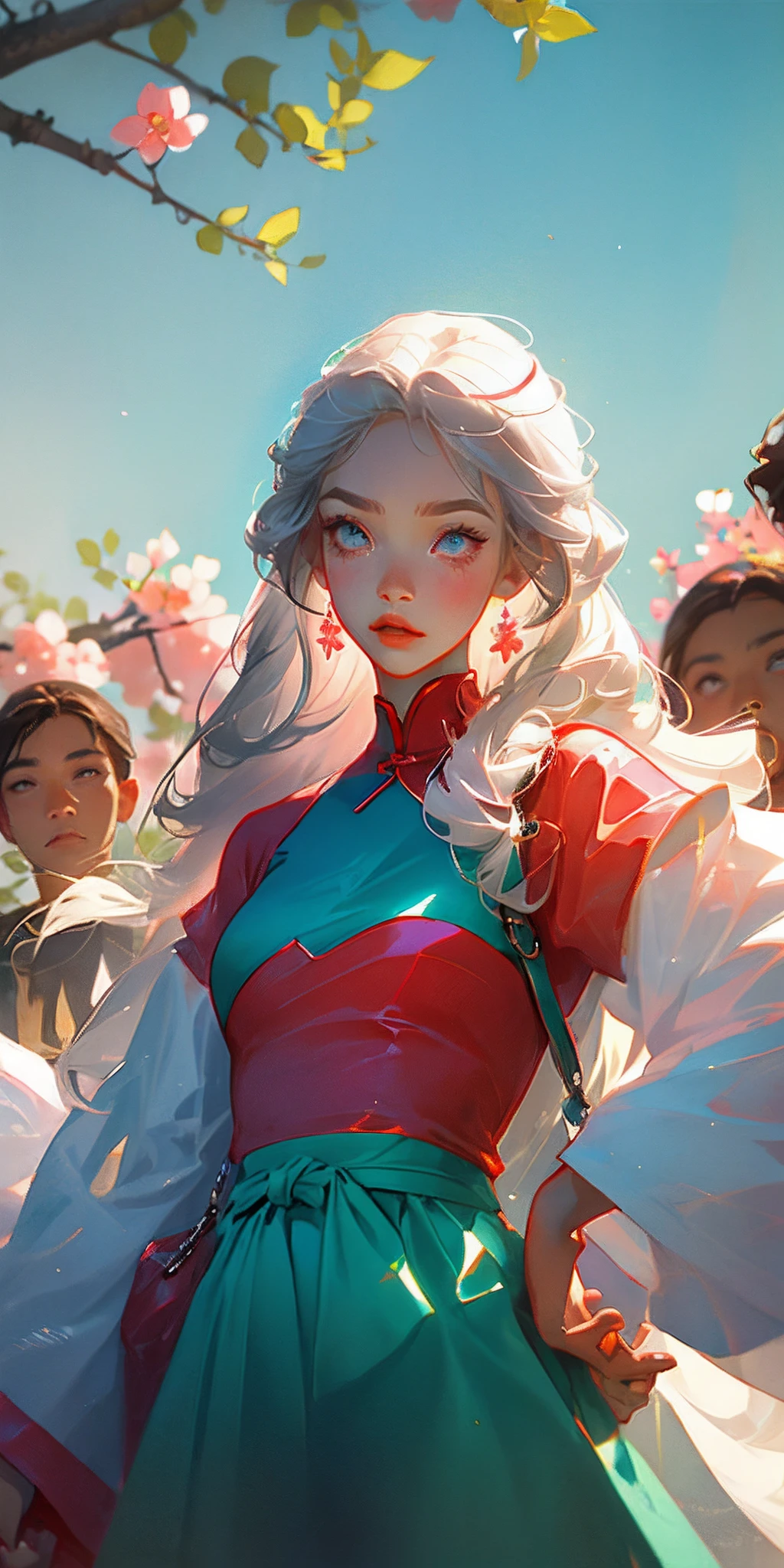 Unisex girl with silver hair，Tall features，The face is delicate，Two-dimensional illustration type，There are peach blossom eyes，Modern clothing，Stand under the peach blossoms