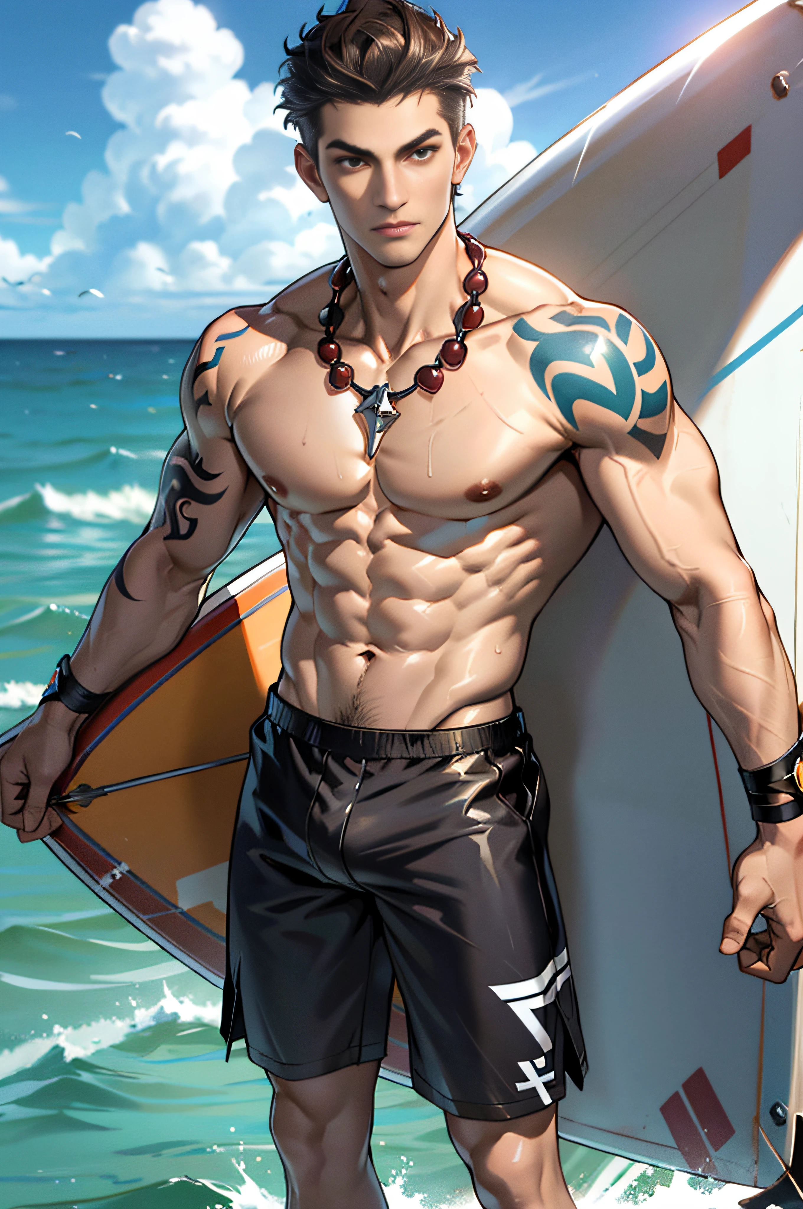 Masterpiece, Best quality, face, Natural eyes, 1boy, Solo, , White socks, full bodyesbian, large bulge, Long legs, view the viewer, Brave, Handsome，apathy，Flower arms，Tattoo on the top of the pectoral muscle，musculous，Raised sexy，mature, short detailed hair, brown eyes, Topless, Shirtless, Open chest, Eight-pack abs, Sexy, full body, vivd colour,(depth of fields:1.2),(Abs)，Surf in the ocean with a surfboard，malefocus，Bulging crotch，Crotch bulge，Briefs，Muscle men，Thriller blockbusters，UHD resolution，Top quality，