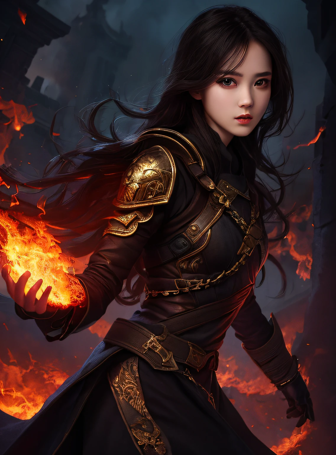 1girl,solo,masterpiece, best quality,fantasy,dark,shadow,
face is important,boy is important,eyes are important,rThe character is the main body of the work,(upper body),
flames,ruins, swirling magic,