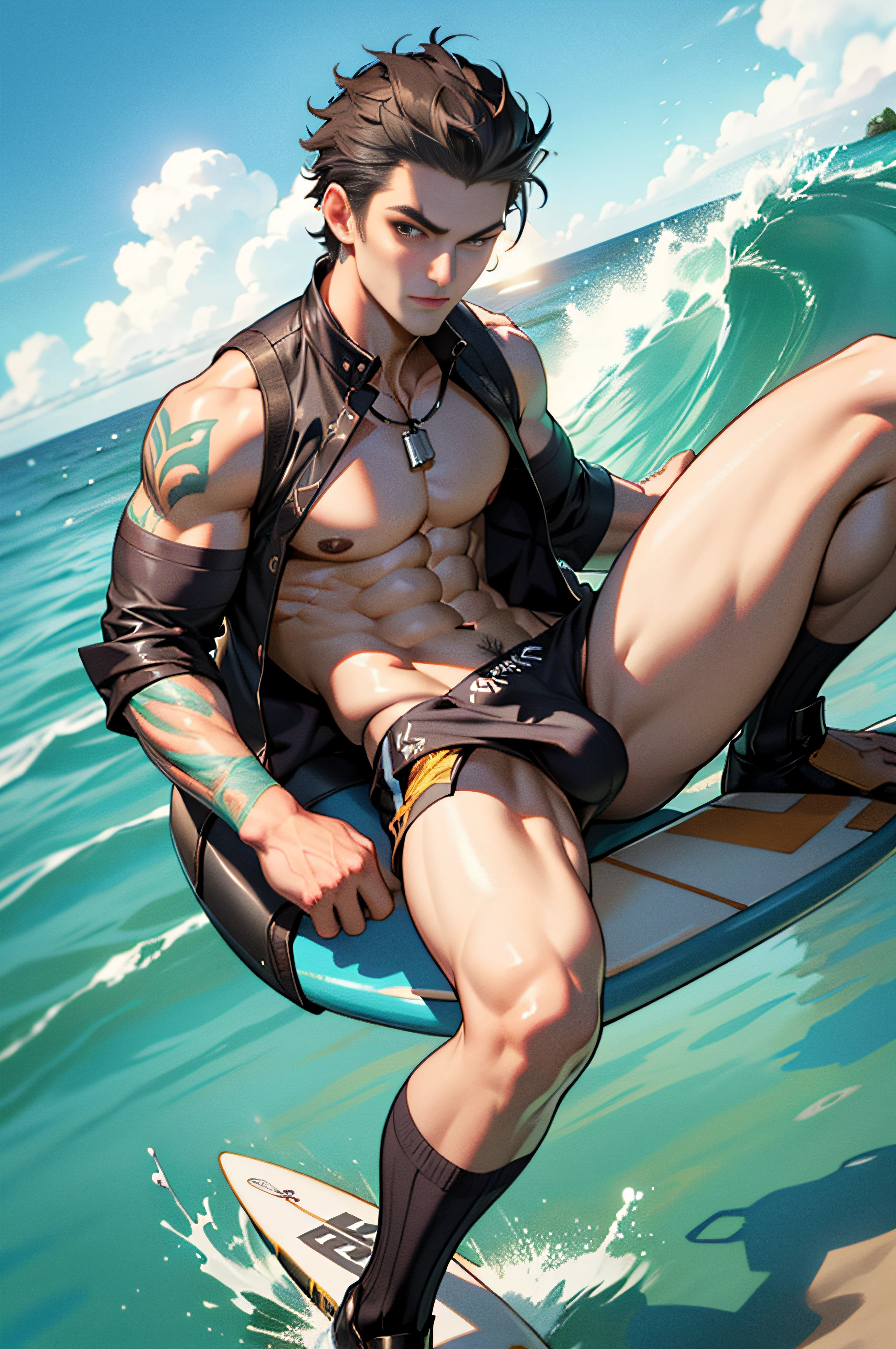Masterpiece, Best quality, face, Natural eyes, 1boy, Solo, , White socks, full bodyesbian, large bulge, Long legs, view the viewer, Brave, Handsome,apathy,Flower arms,Tattoo on the top of the pectoral muscle,musculous,Raised sexy,mature, short detailed hair, brown eyes, Topless, Shirtless, Open chest, Eight-pack abs, Sexy, full body, vivd colour,(depth of fields:1.2),(Abs),Surf in the ocean with a surfboard,malefocus,Bulging crotch,Crotch bulge,Briefs,Muscle men,Thriller blockbusters,UHD resolution,Top quality,