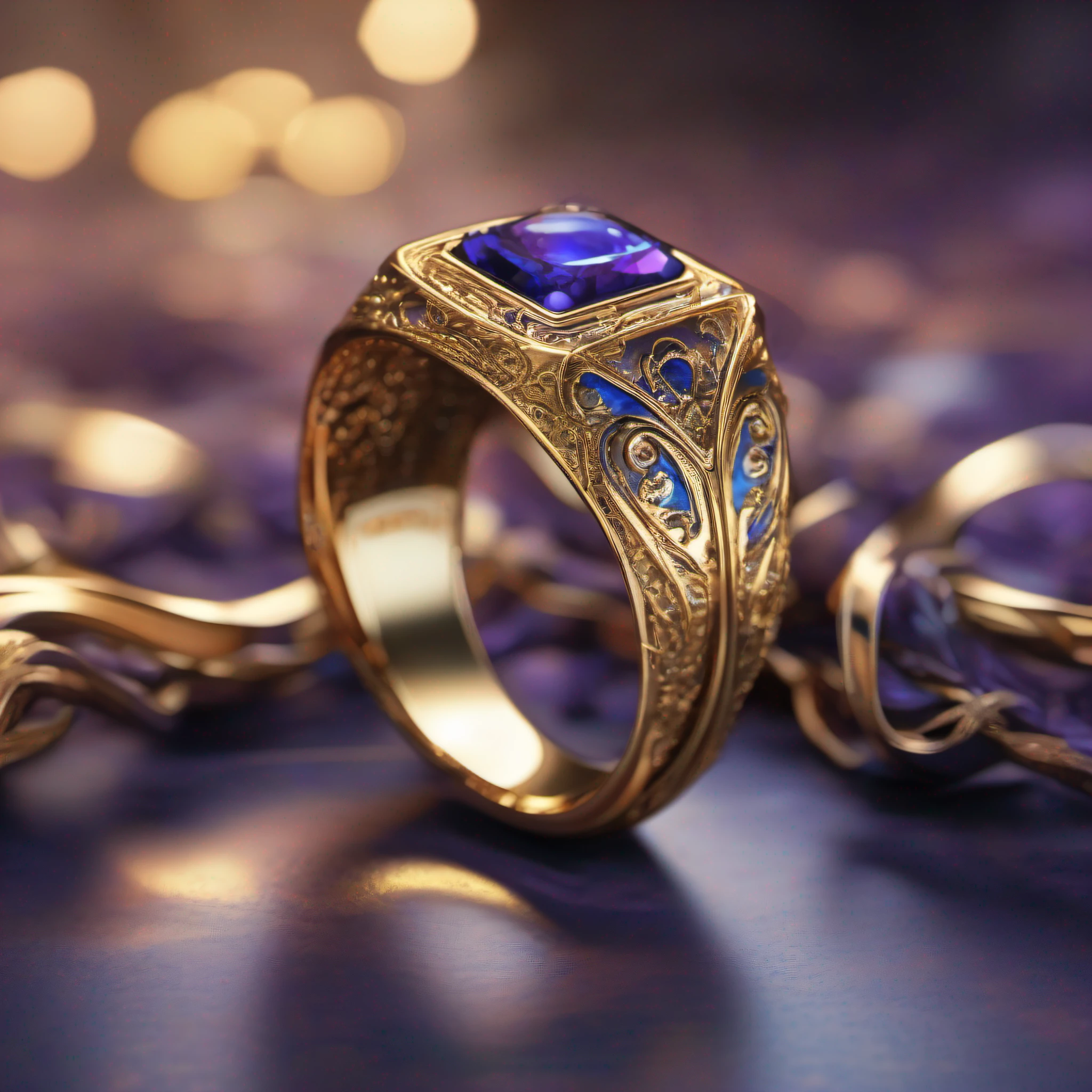 1 Supreme Ring,(Nothing but the ring),(No Man),The ring is set with blue-purple gemstones,The magic pattern on it emits the light of the Tyndall effect,It shines with a noble golden light,The golden-red tone is filled with dark-style graphics,Beautiful ring, Ultra detailed,simple backgound,