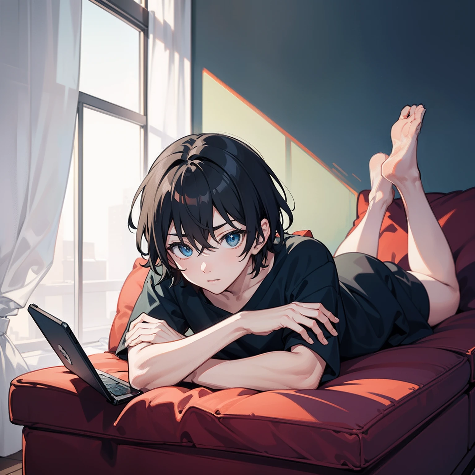 A boy,Black color hair,blue color eyes,An expression of surprise,Iterate through elements,Lying on the sofa looking at your phone ,Illustration anime style,Dark 4K, hyper HD, Masterpiece