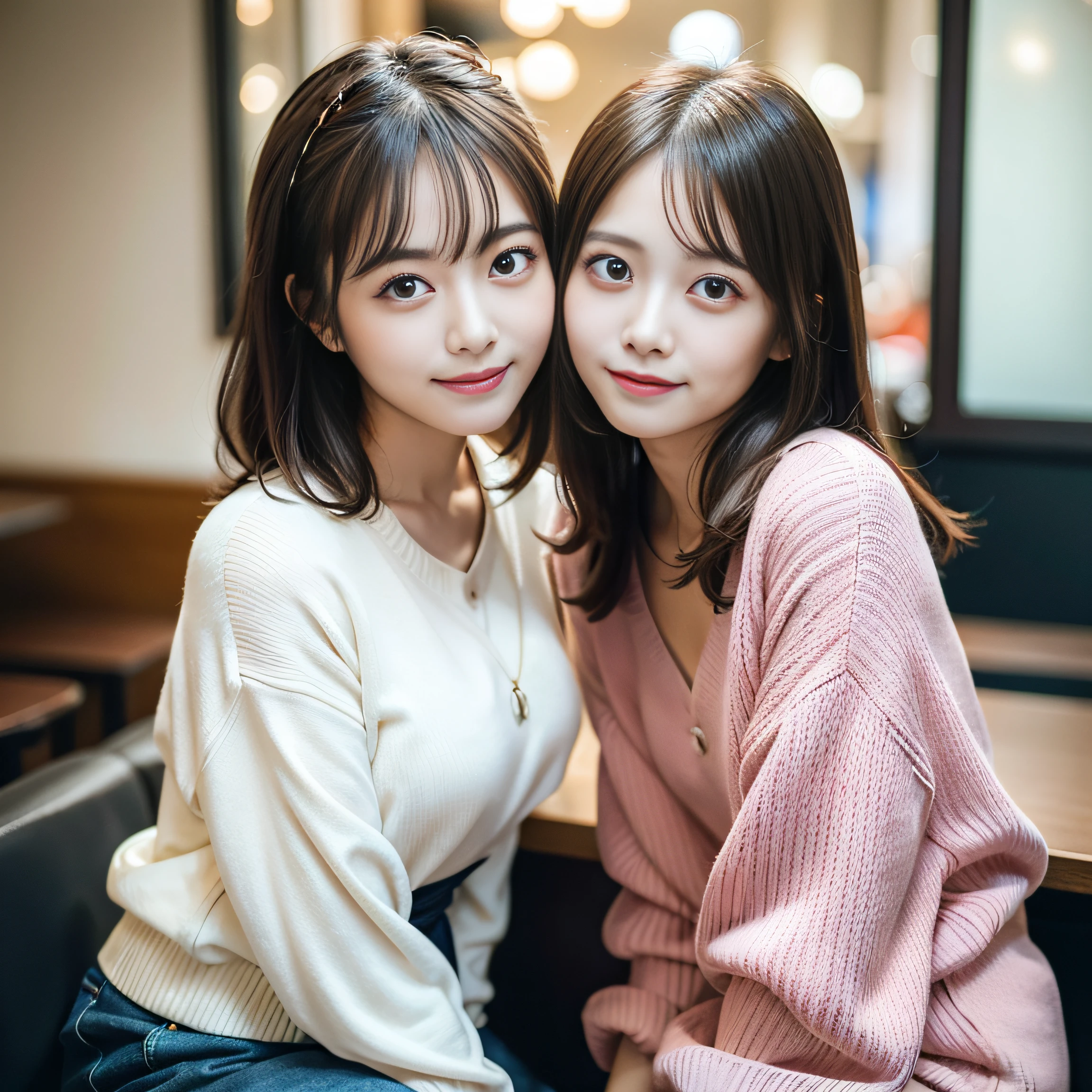 Japan girls in casual clothes、looking at the viewers、Pose with a smile(top-quality、masterpiece)))、hight resolution、ighly detailed、masterpiece、电影灯光、(8K、top-quality、masterpiece:1.2)、(realisitic、Photorealsitic:1.37) Hi-Res、The ultra-detailliert、1womanl 、nogizaka, cute face、35 year old:1.2、 独奏, Textured skin:1.2, beautiful smiling face, Detailed Cafe, natta, 电影灯光、 sitting on、Dating、(Shy smile:1.2)、Medium chest、beautiful finely detailed eyes、(Sweaters:1.1)、natta、from waist up:1.2、shorth hair