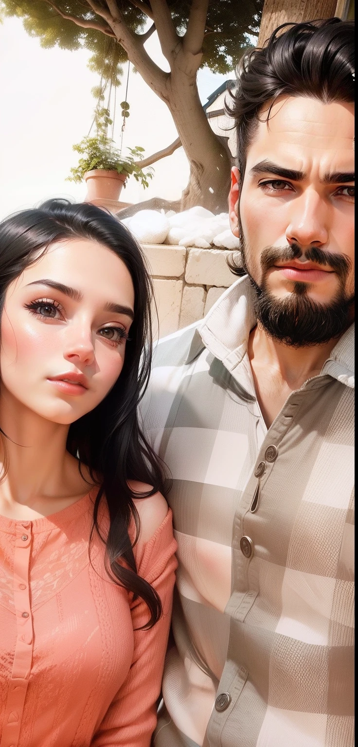 2 people, woman and man, Attractive profile picture, masterpiece, ultra-precise rendering, beautiful and cool young woman, trustworthy, dependable young woman, savior of the world, simple design, most beautiful image, 4K, black hair, beautiful woman, handsome man, facial hair