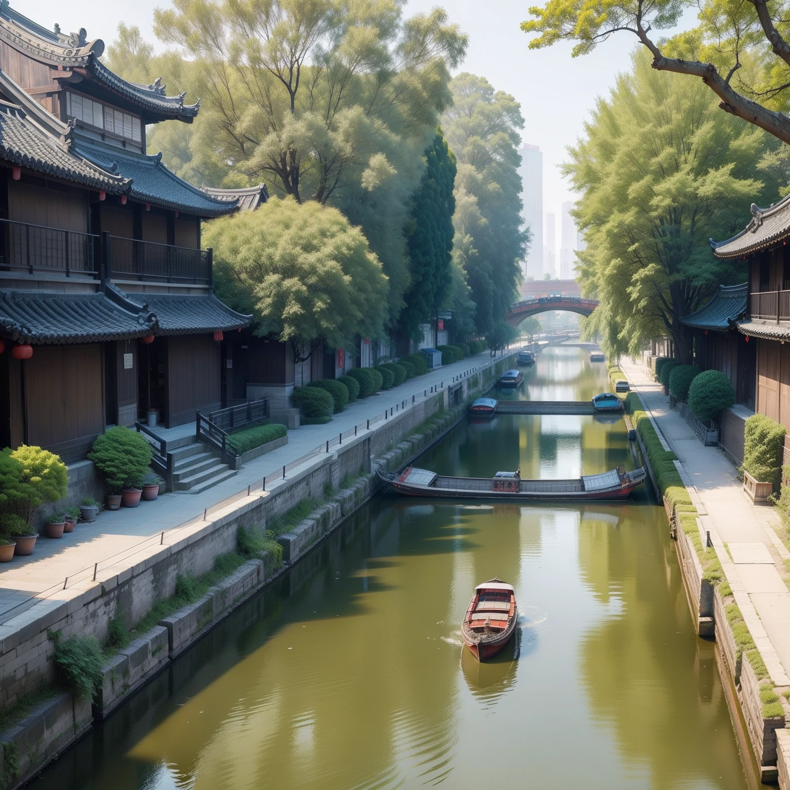 Canal in the Gangnam area，There are ancient Jiangnan buildings in the surrounding area，There are boats in the distance of the river，The river has a long history，Beautiful scenery，A lush，In the distance, there are tall buildings